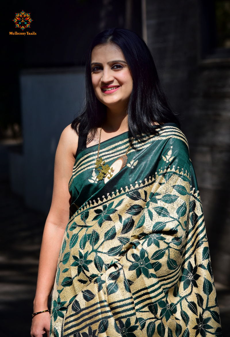 Koyna - Art Silk Kantha Embroidery Saree Green