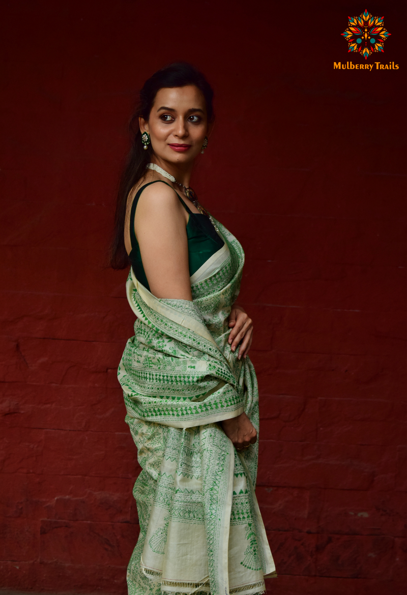 Rima - Offwhite Tusser Silk Kantha Embroidery Saree