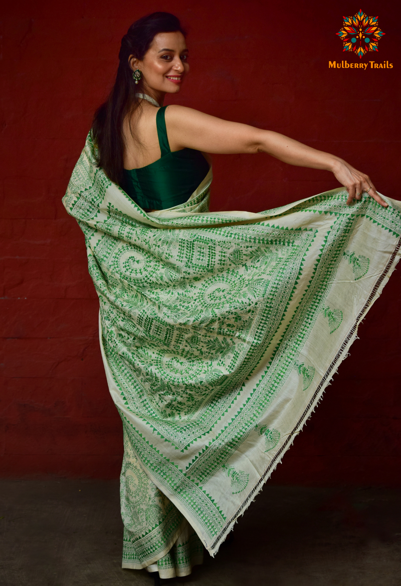 Rima - Offwhite Tusser Silk Kantha Embroidery Saree