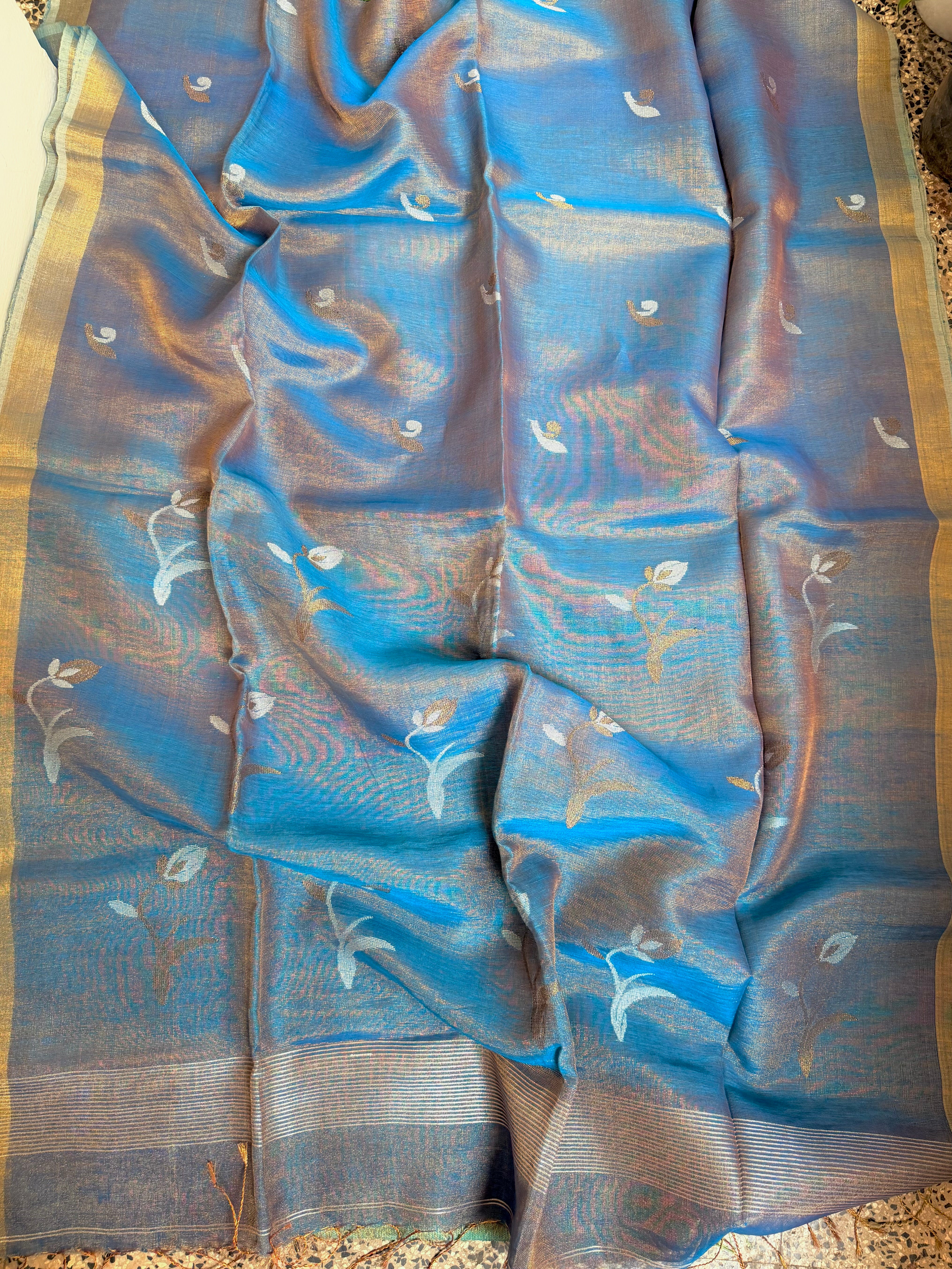 Linen tissue sarees with lotus motif