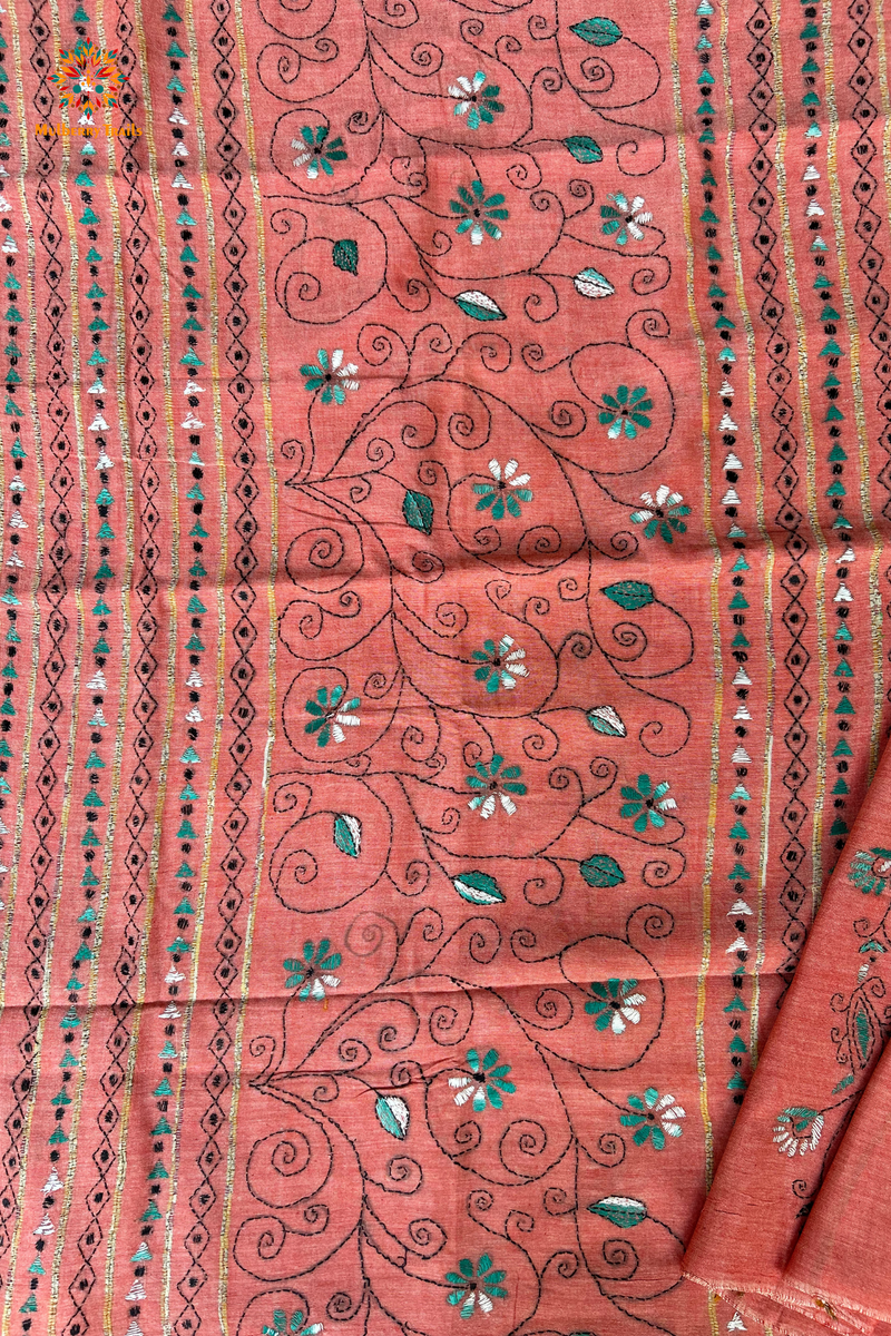 Vipas: Cotton Handloom Saree with Kantha Embroidery