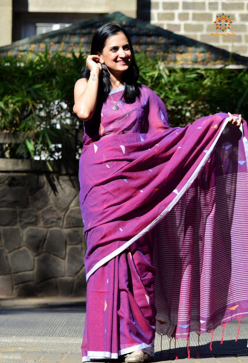 Shubhra: Handwoven Cotton Jamdani Saree _ Purple
