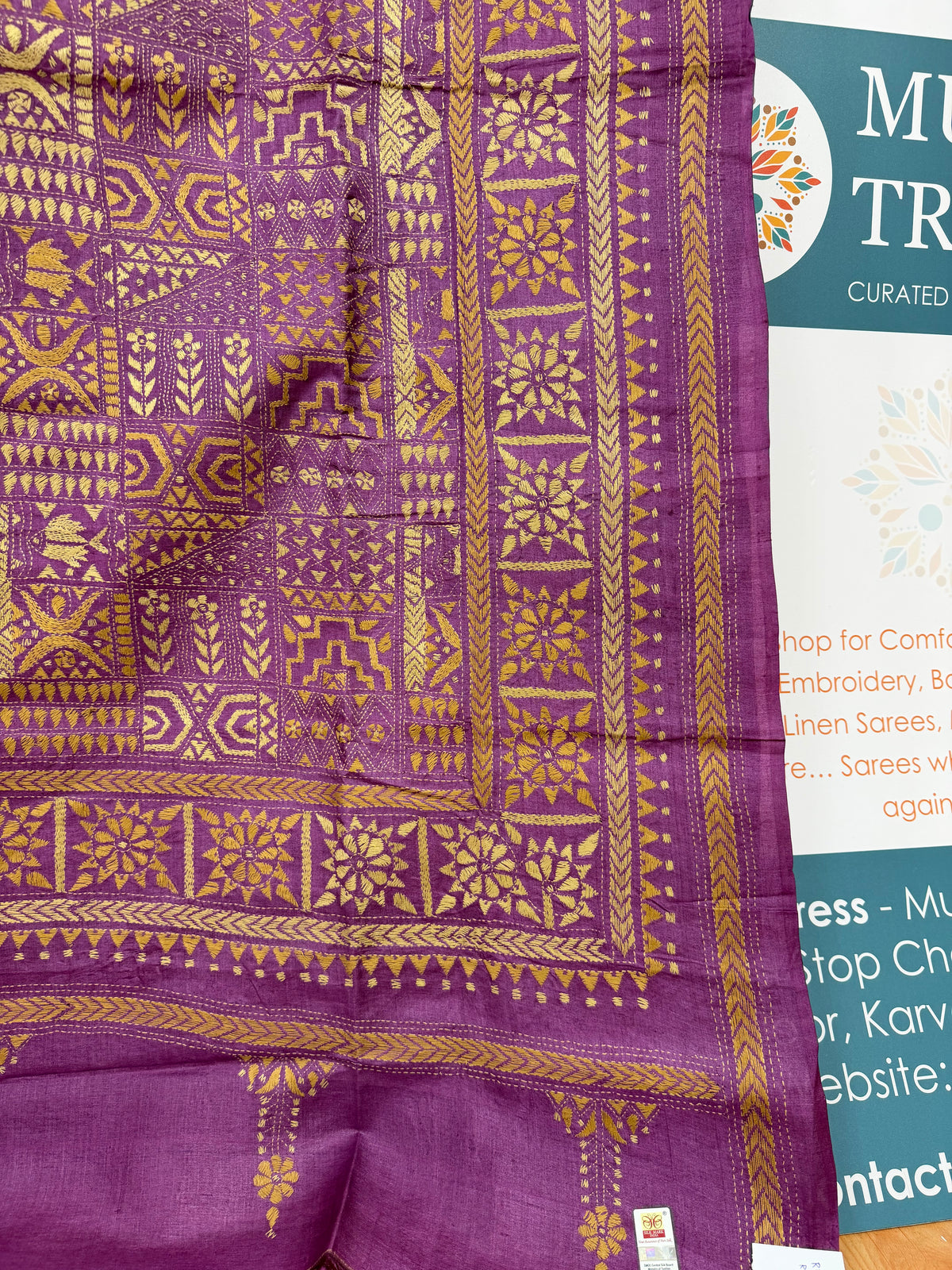 Rima - Tusser silk saree with kantha embroidery pink