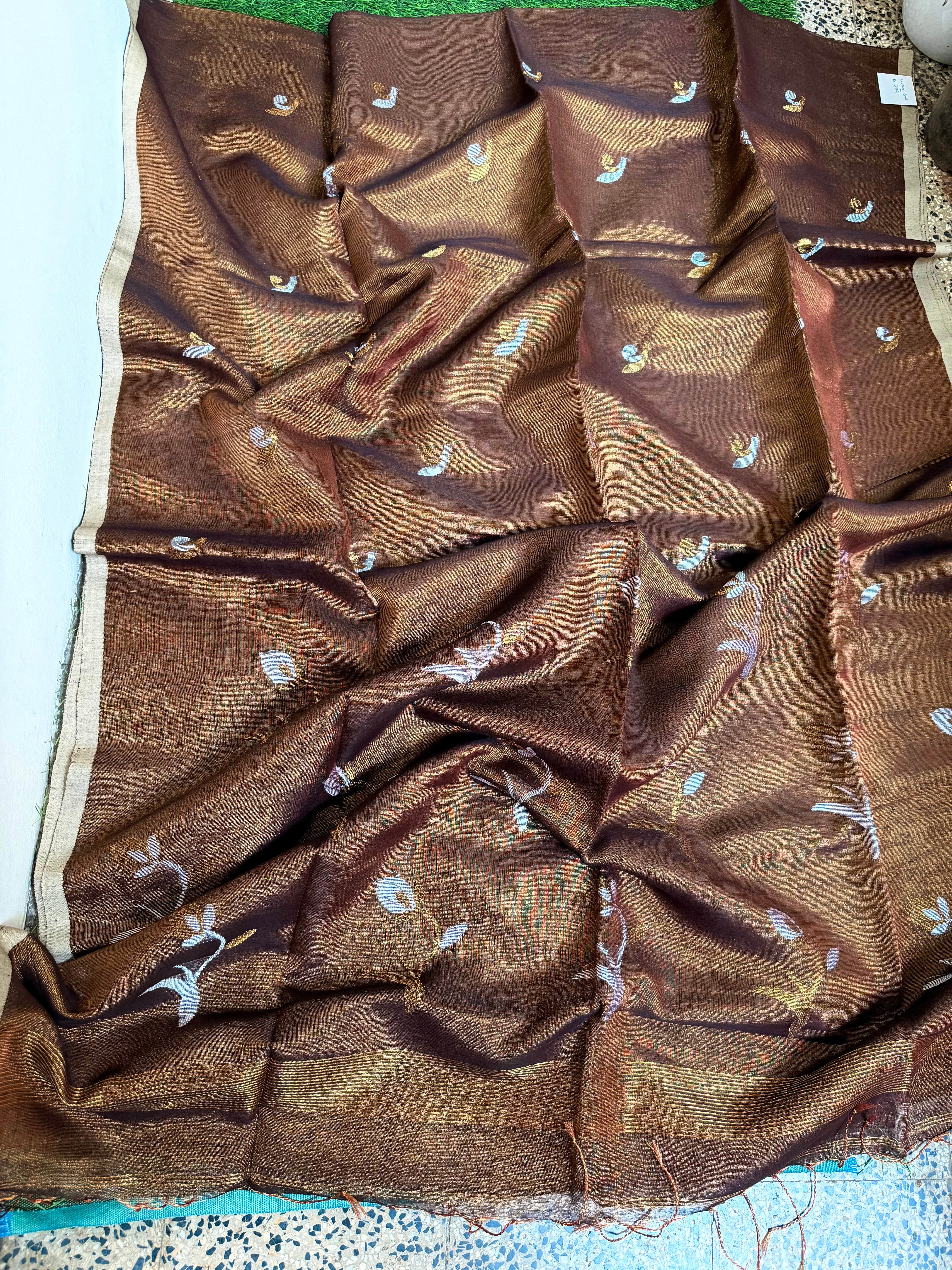 Linen tissue sarees with lotus motif