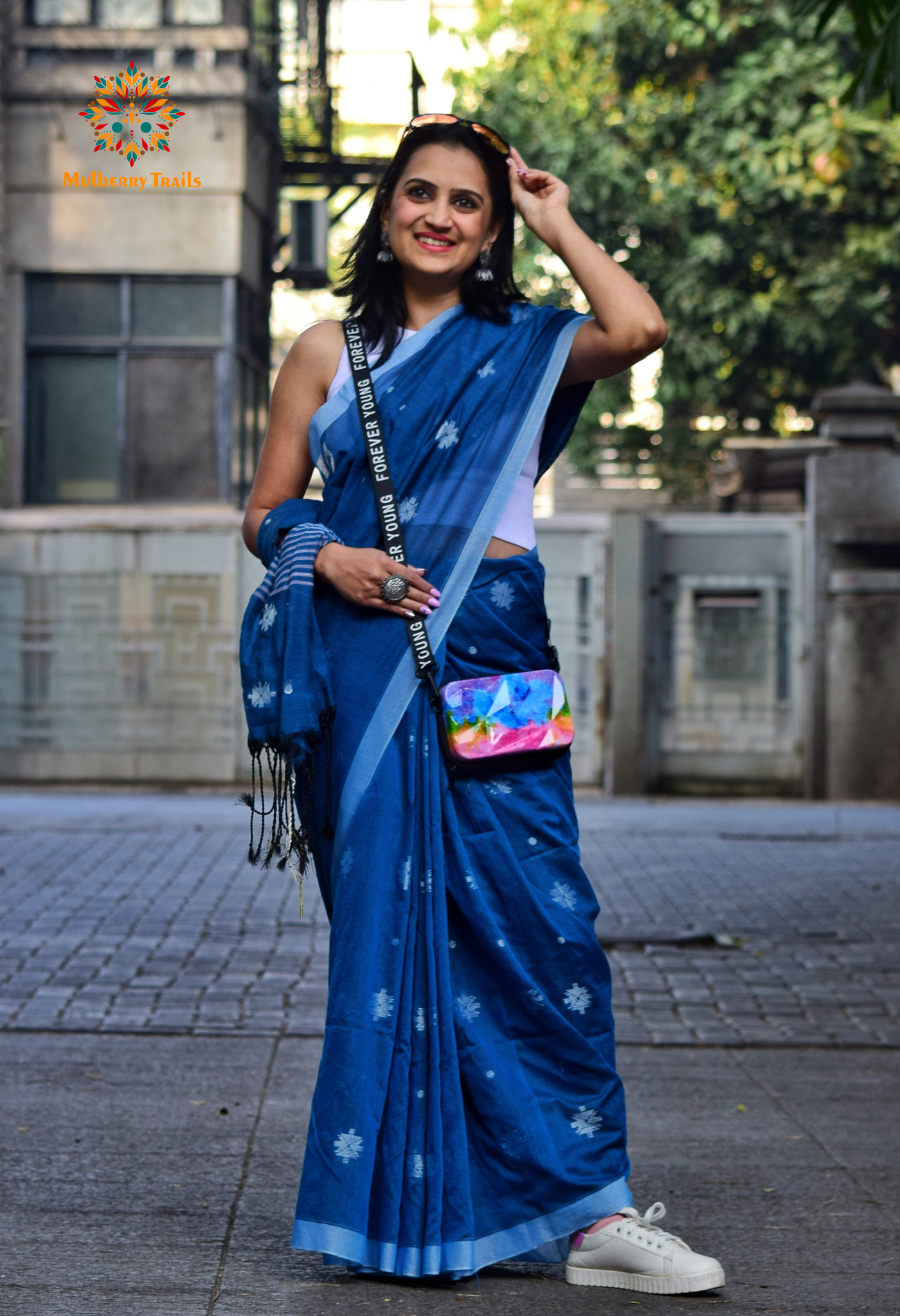 Aravi: Flowy Summer Cotton Saree Denim Blue