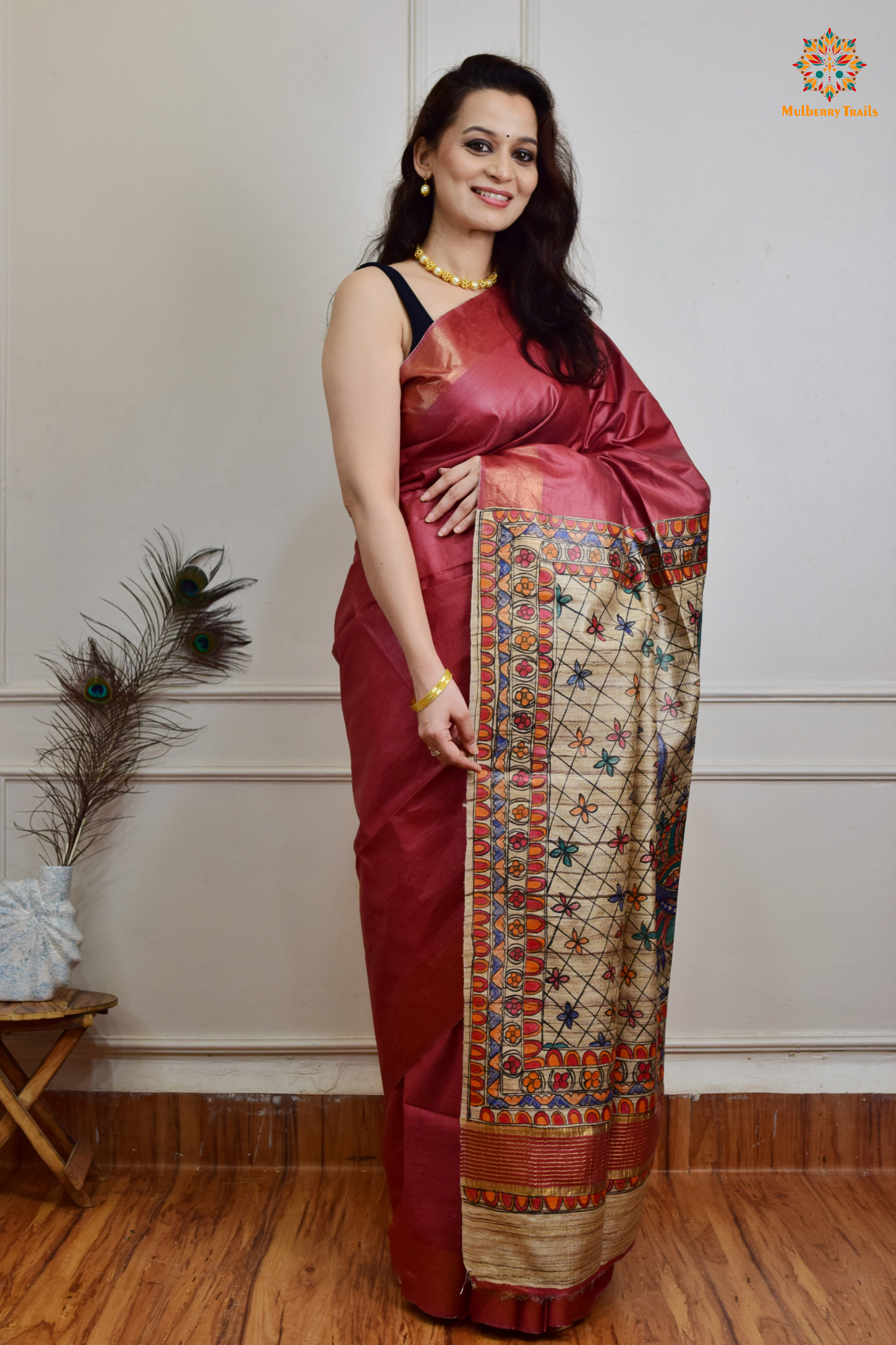 Pavani - Staple Tusser Handpainted Madhubani Saree- light maroon