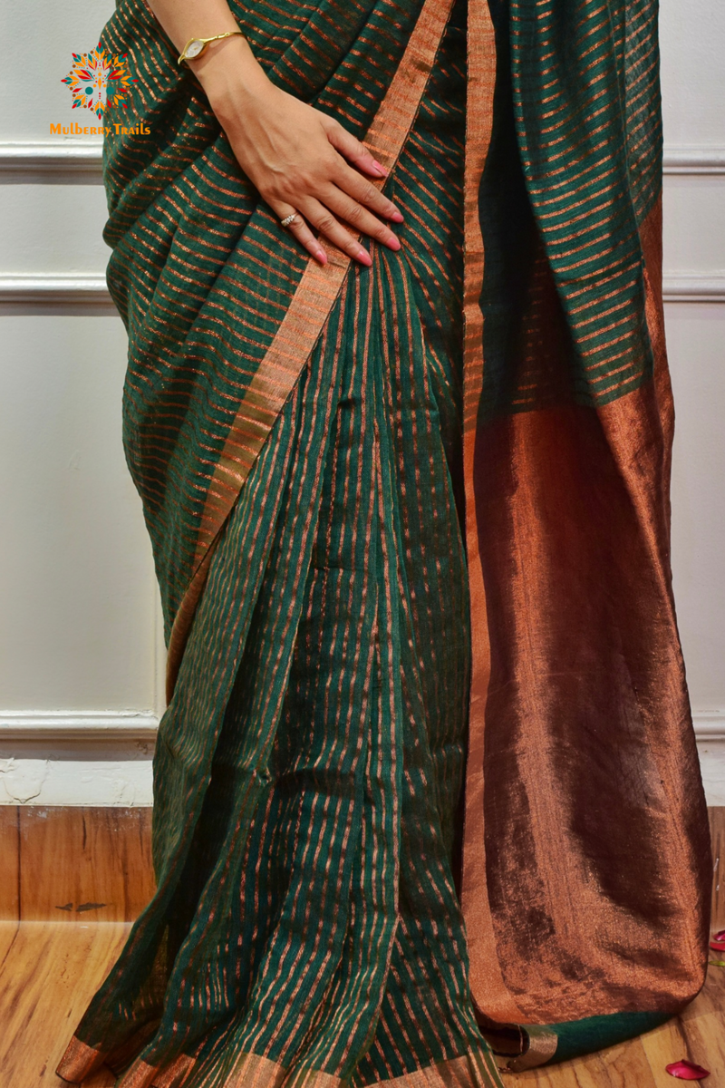 IRA: Premium Linen Sarees with Copper Zari - Green