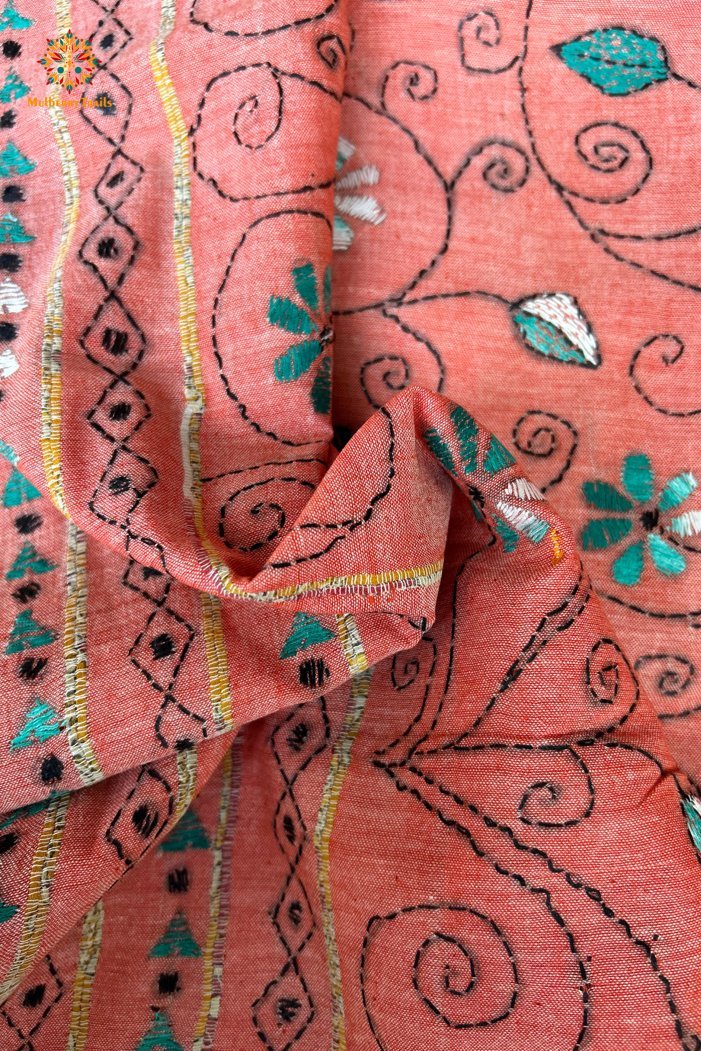 Vipas: Cotton Handloom Saree with Kantha Embroidery