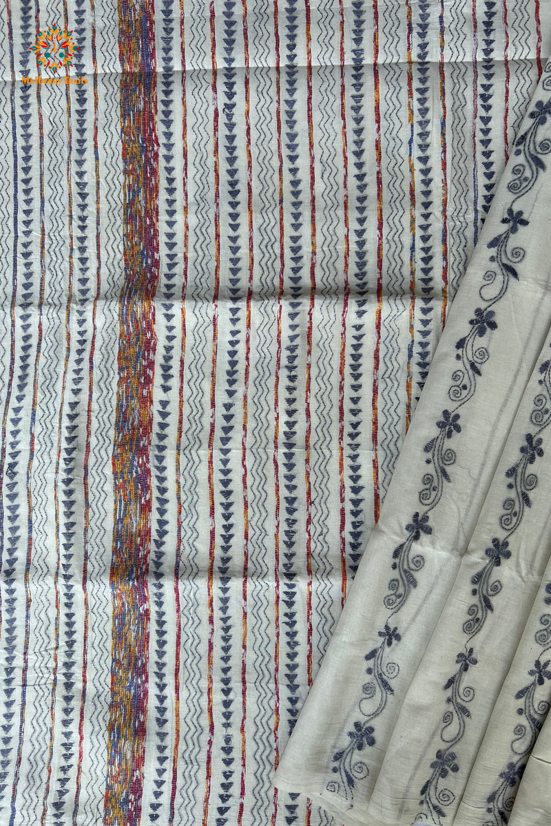 Vipas: Cotton Handloom Saree with Kantha Embroidery