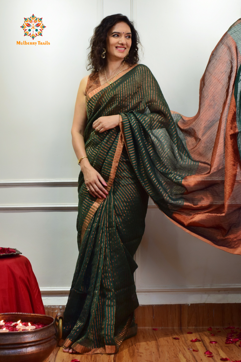 IRA: Premium Linen Sarees with Copper Zari - Green