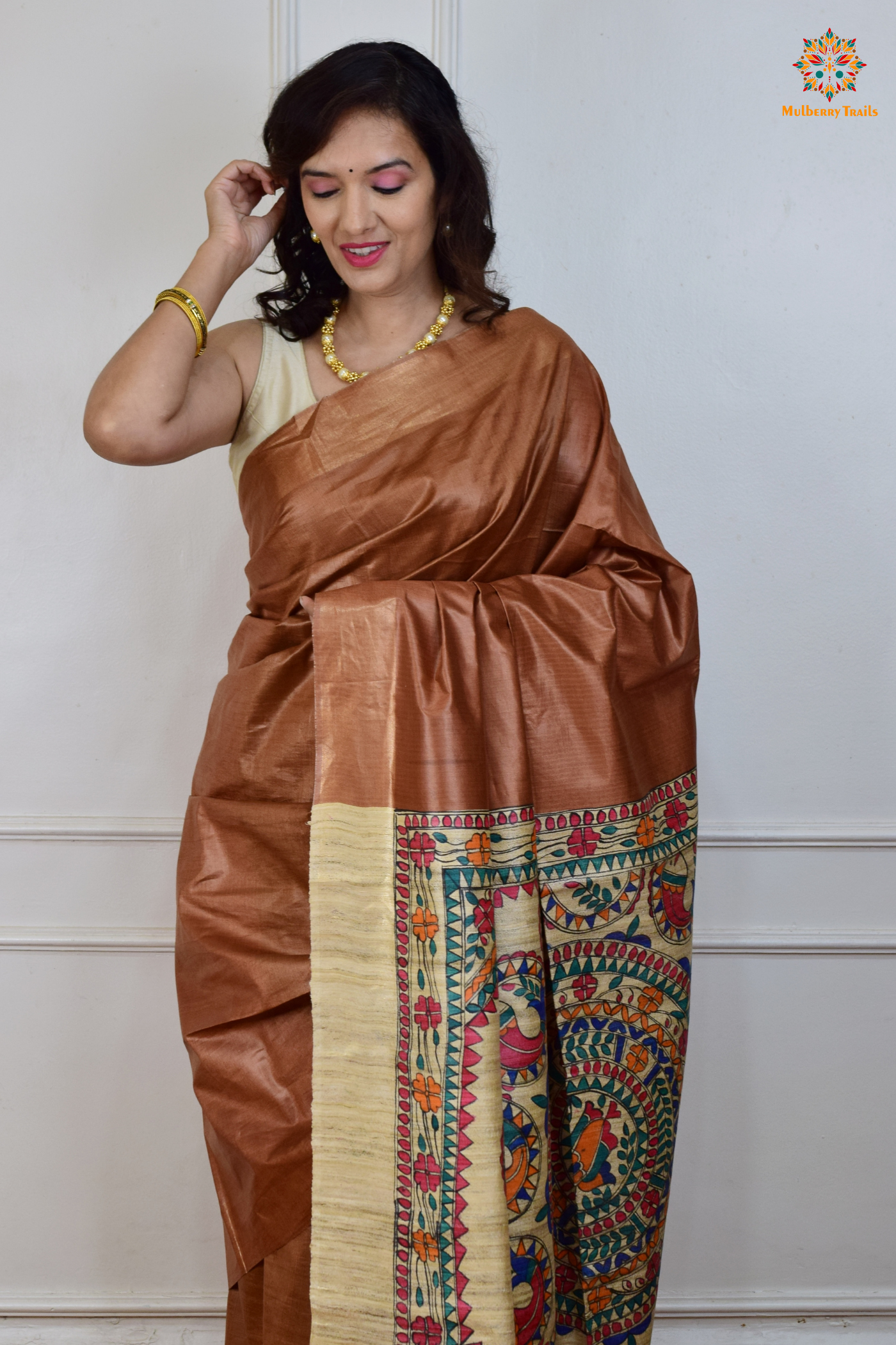 Pavani - Staple Tusser Handpainted Madhubani Saree- Cocoa Brown