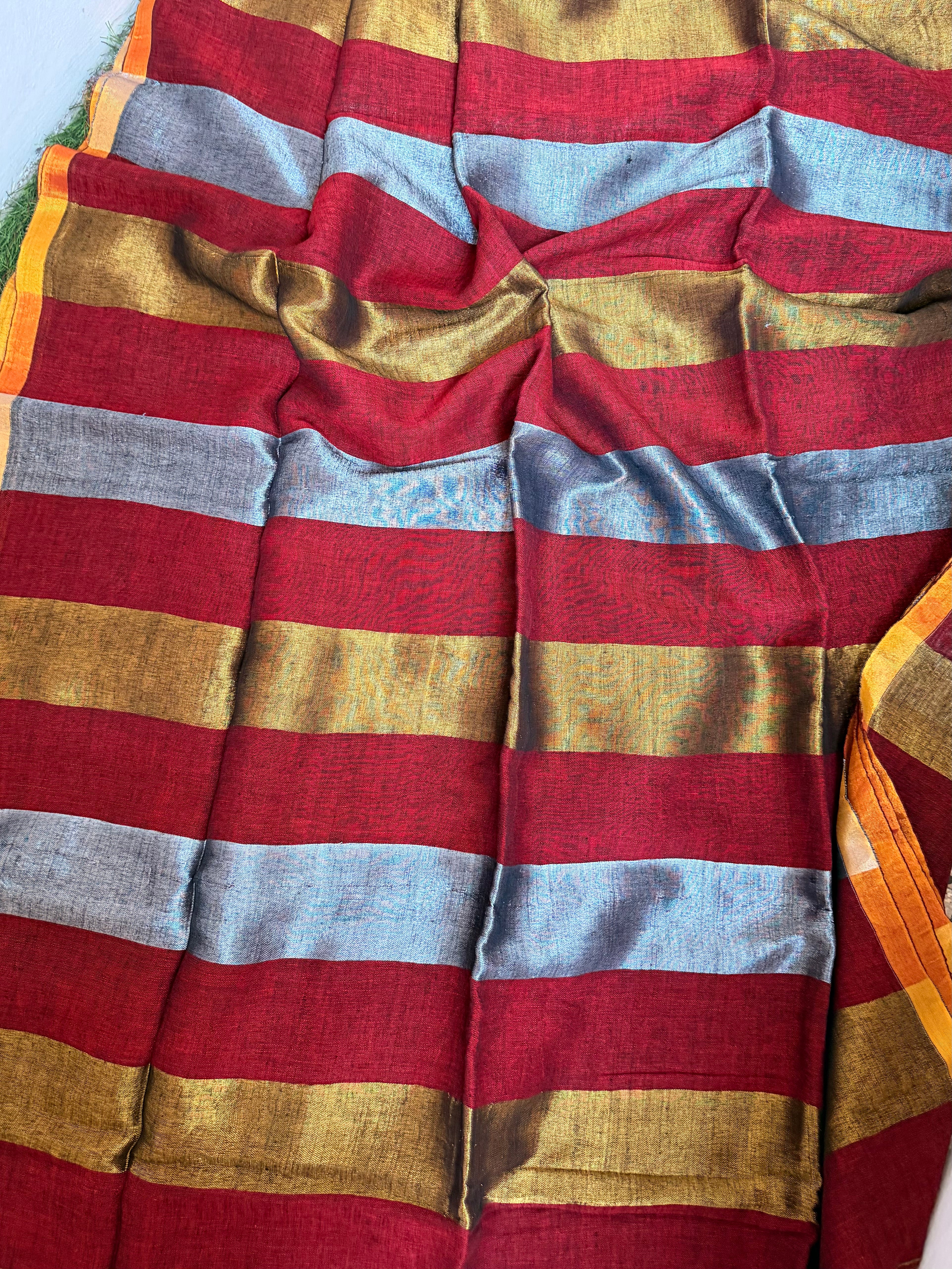 Linen silver golden zari stripes saree