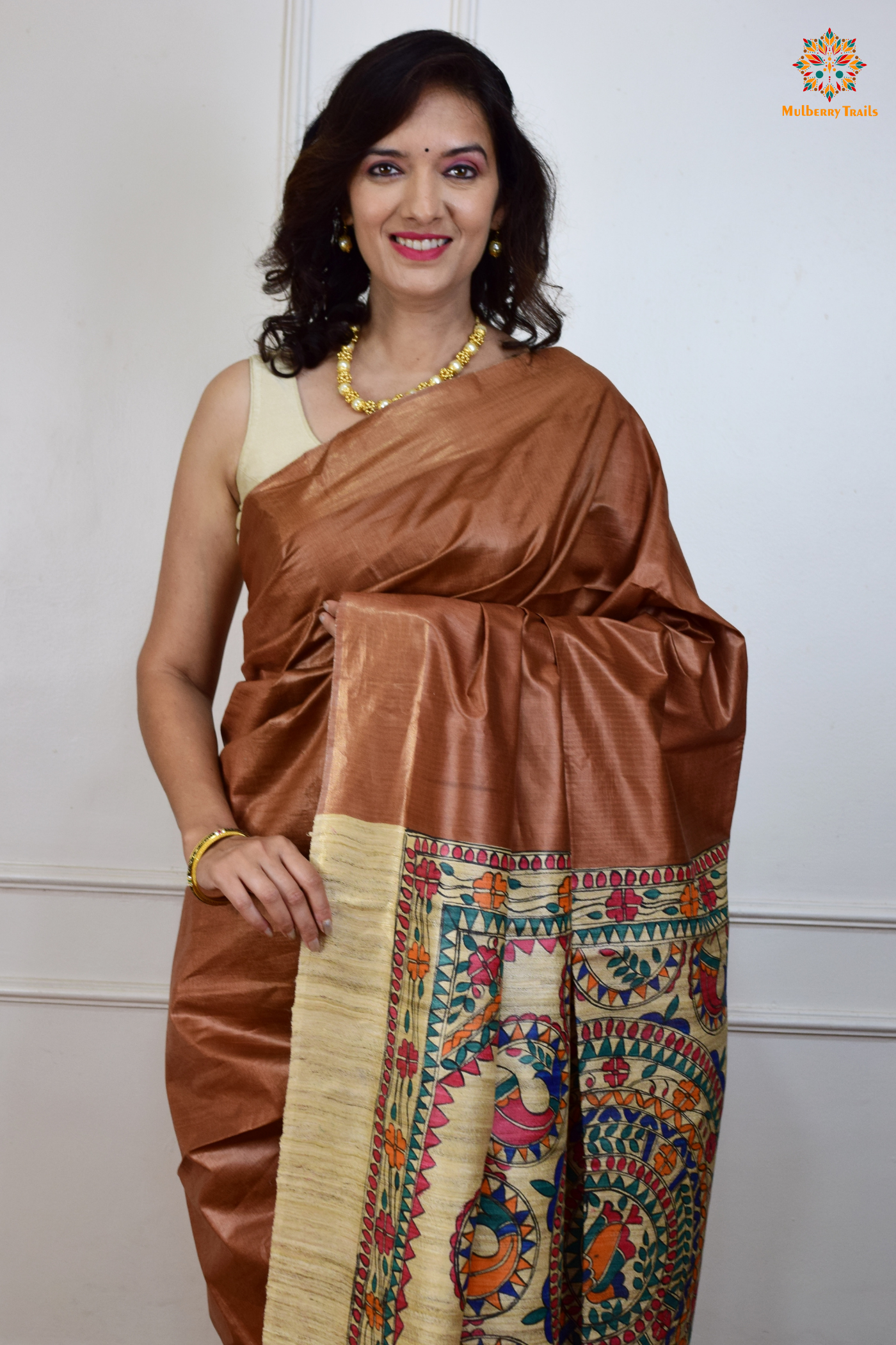 Pavani - Staple Tusser Handpainted Madhubani Saree- Cocoa Brown