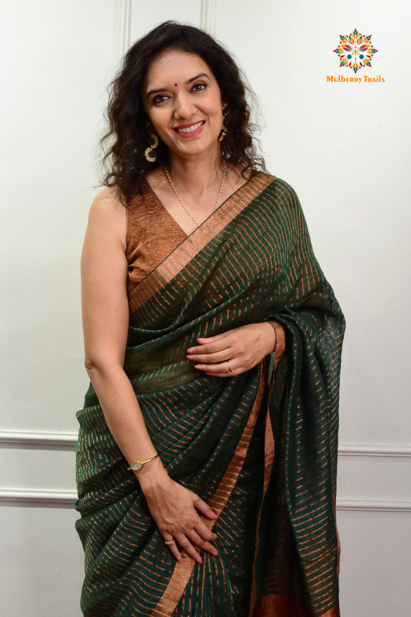 IRA: Premium Linen Sarees with Copper Zari - Green