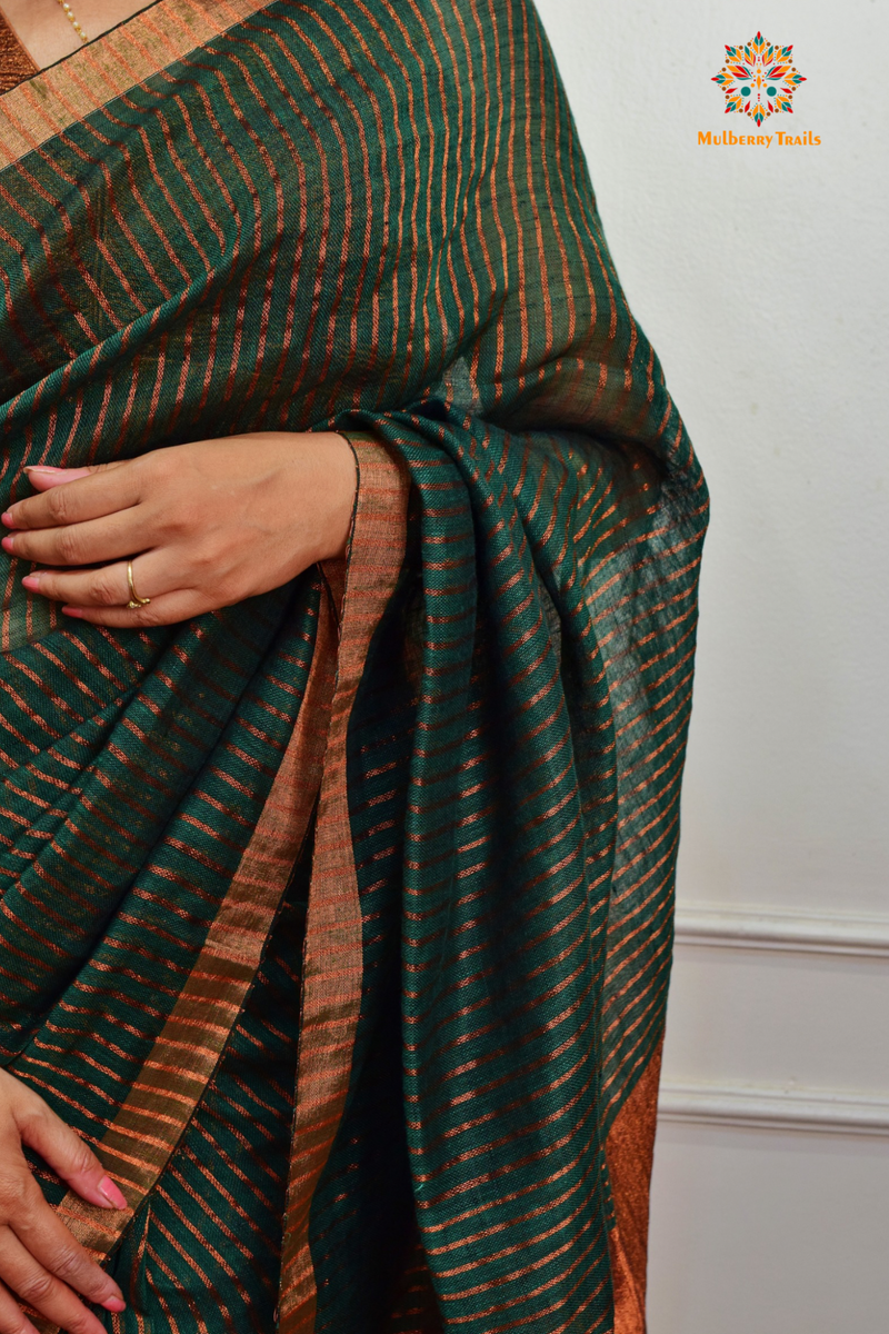 IRA: Premium Linen Sarees with Copper Zari - Green