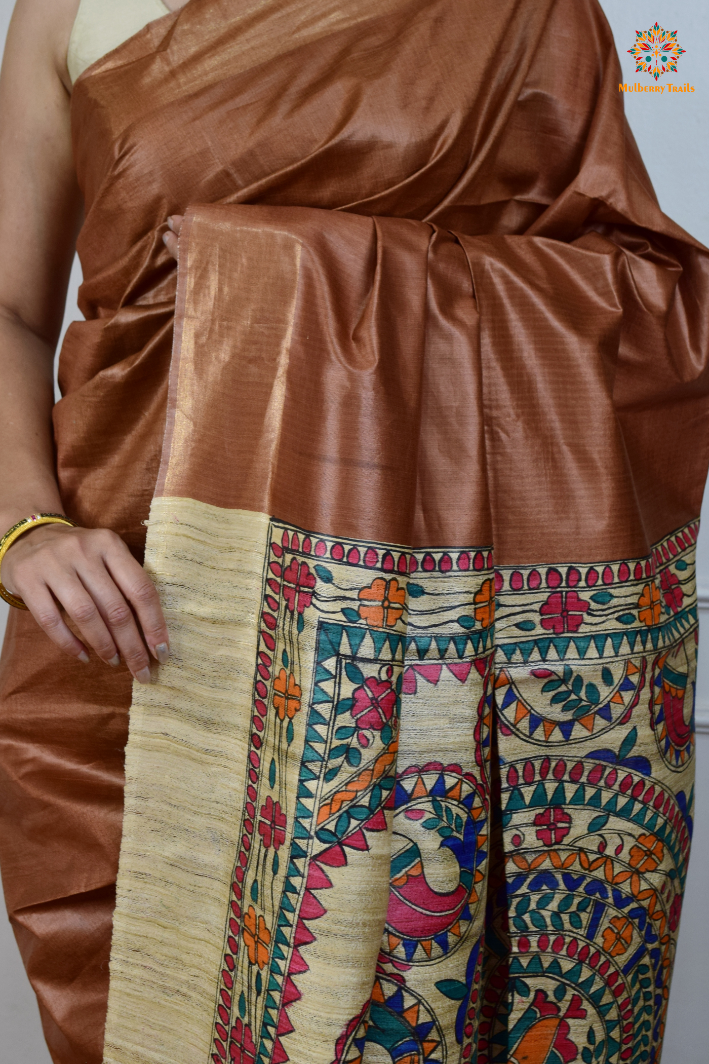 Pavani - Staple Tusser Handpainted Madhubani Saree- Cocoa Brown