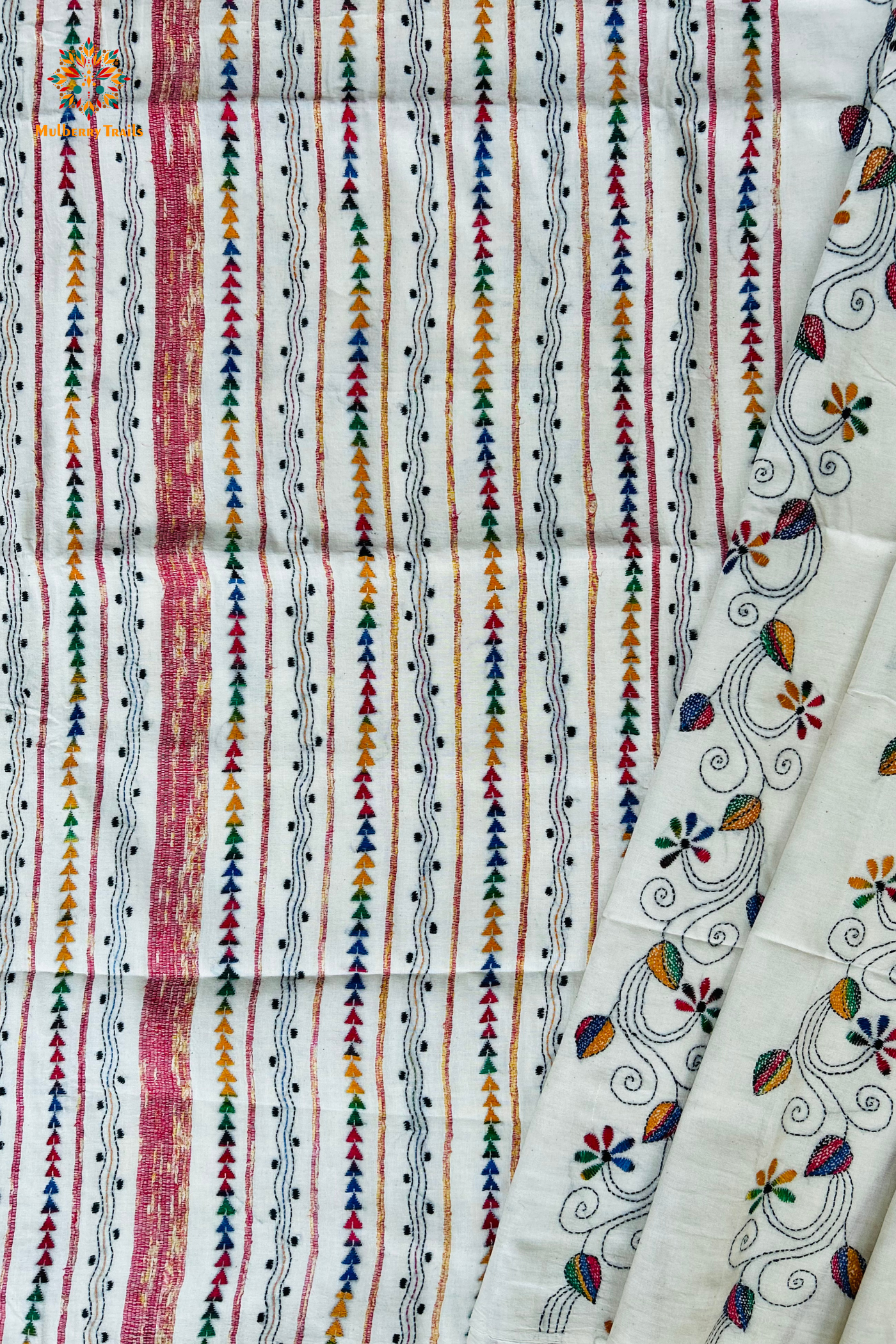 Vipas: Cotton Handloom Saree with Kantha Embroidery