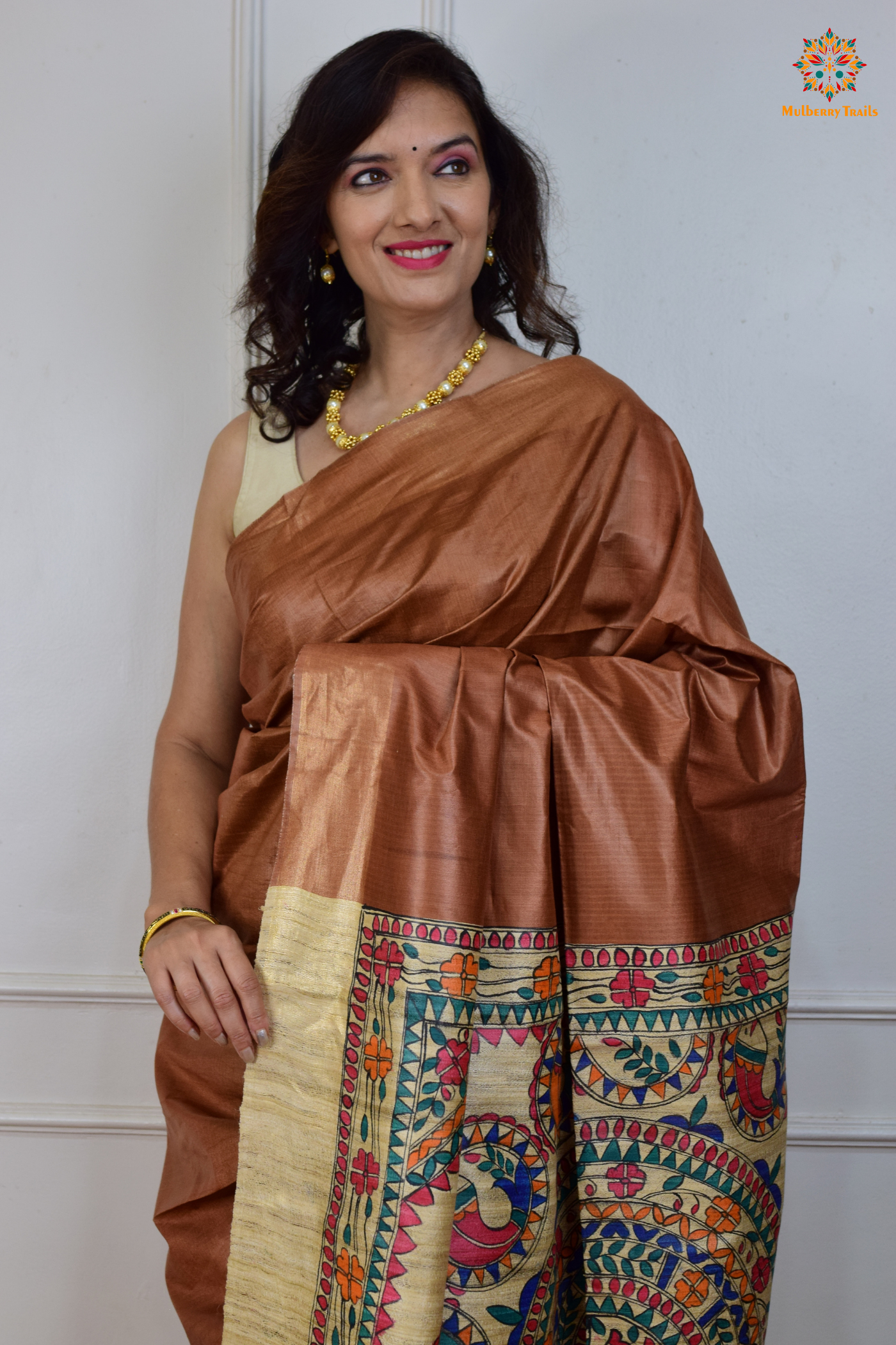 Pavani - Staple Tusser Handpainted Madhubani Saree- Cocoa Brown