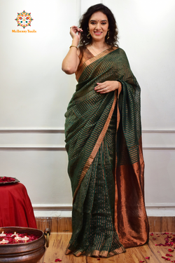 IRA: Premium Linen Sarees with Copper Zari - Green