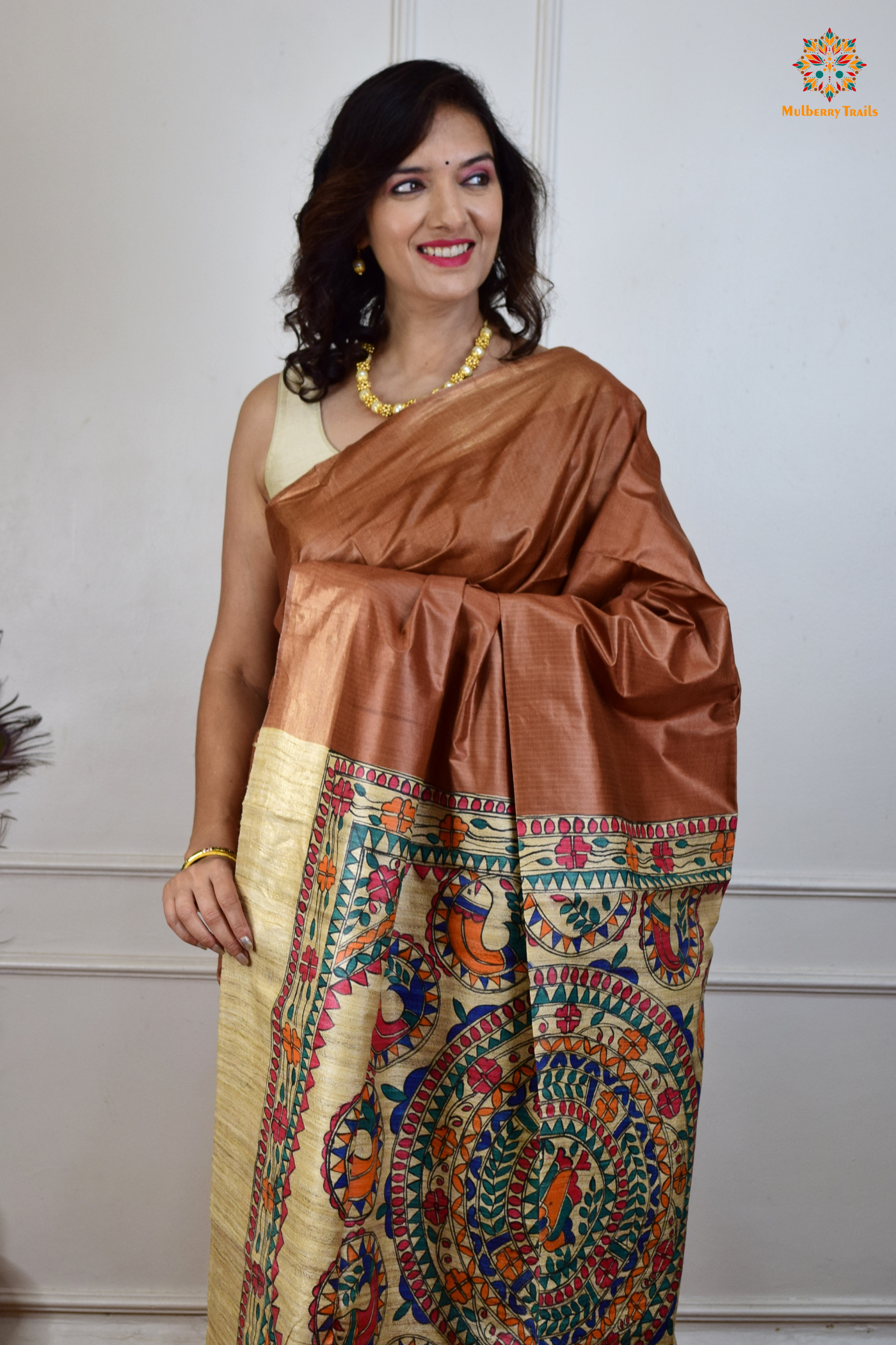 Pavani - Staple Tusser Handpainted Madhubani Saree- Cocoa Brown