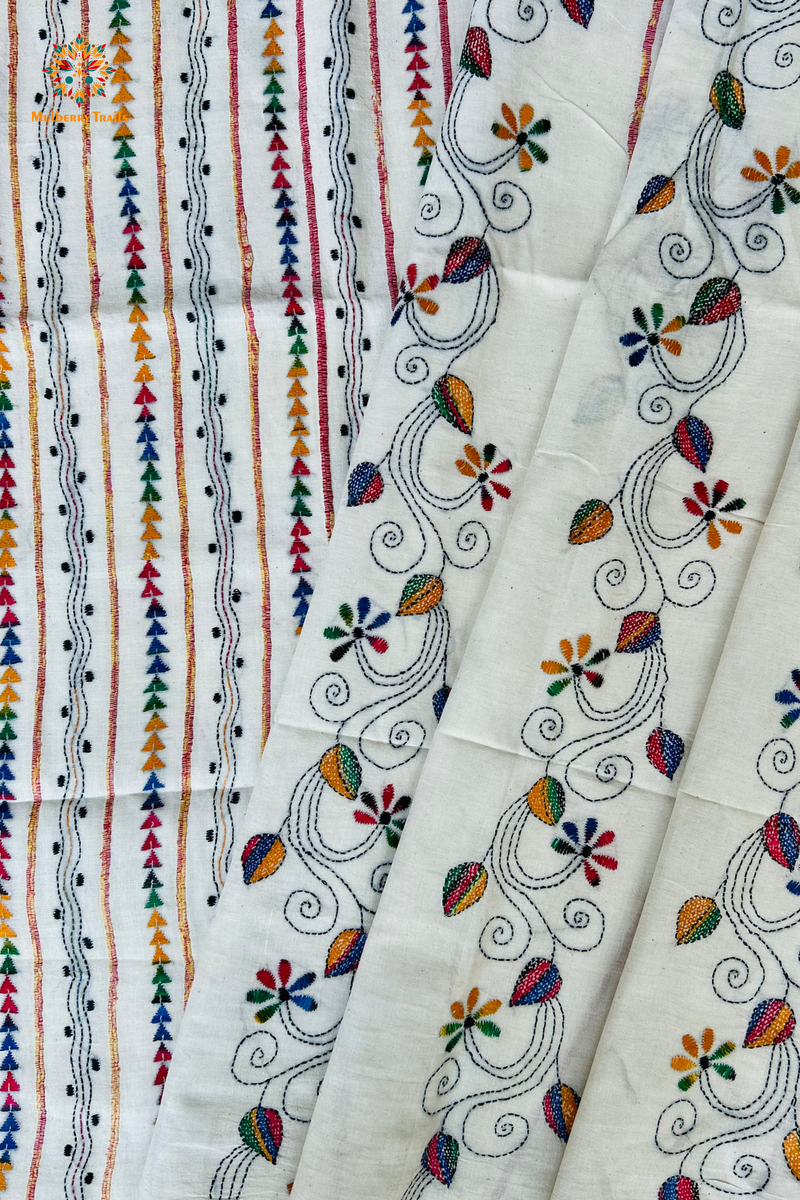 Vipas: Cotton Handloom Saree with Kantha Embroidery