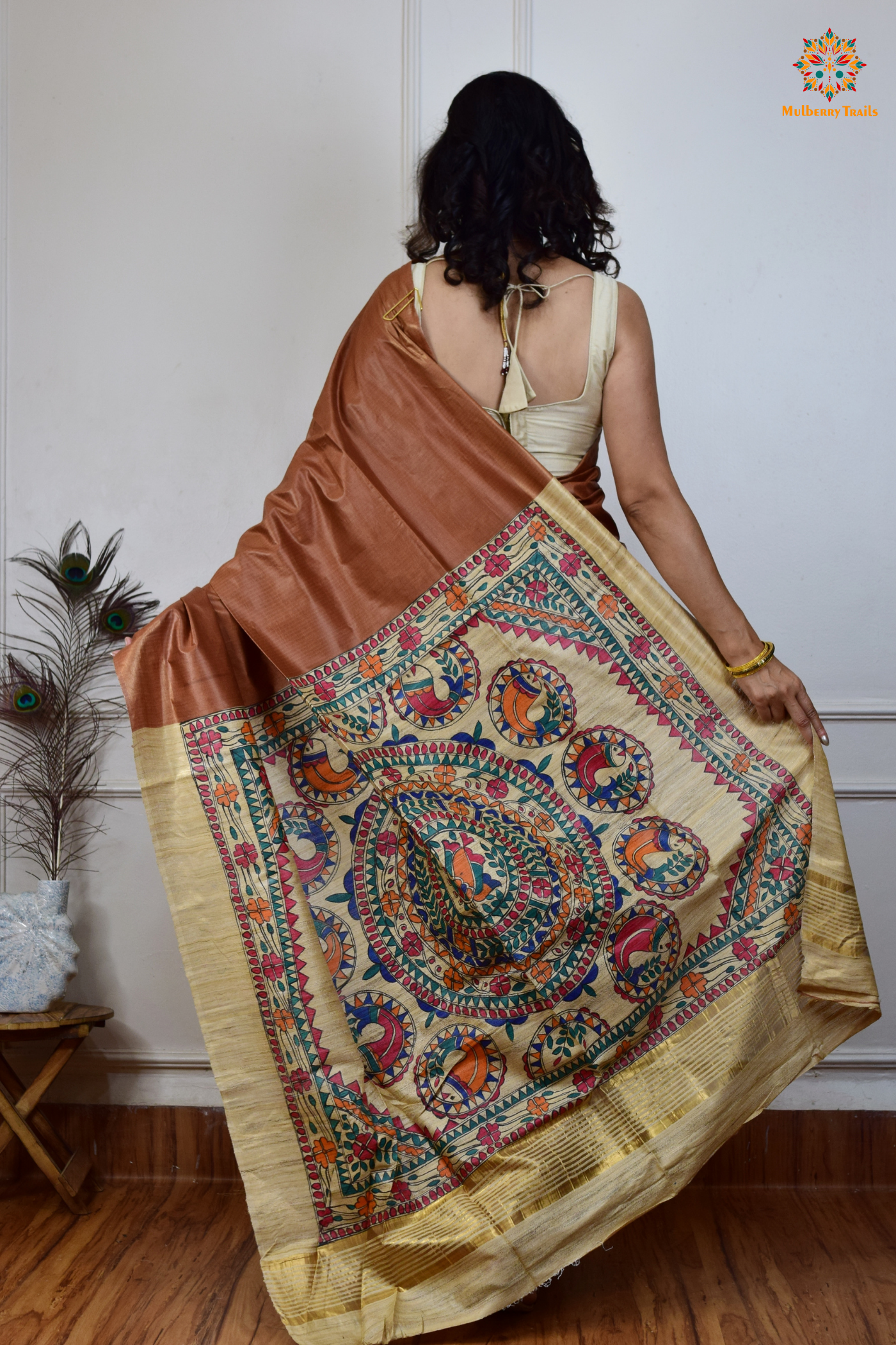 Pavani - Staple Tusser Handpainted Madhubani Saree- Cocoa Brown