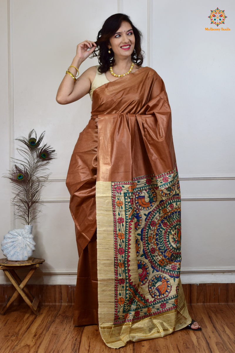 Pavani - Staple Tusser Handpainted Madhubani Saree- Cocoa Brown