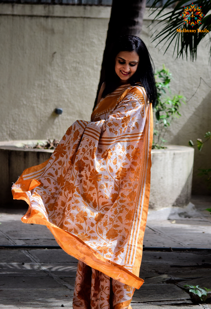 Koyna - Reverse Art Silk Kantha Embroidery Saree