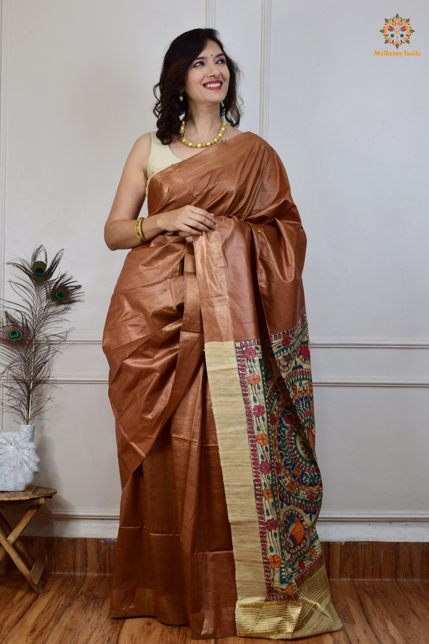 Pavani - Staple Tusser Handpainted Madhubani Saree- Cocoa Brown