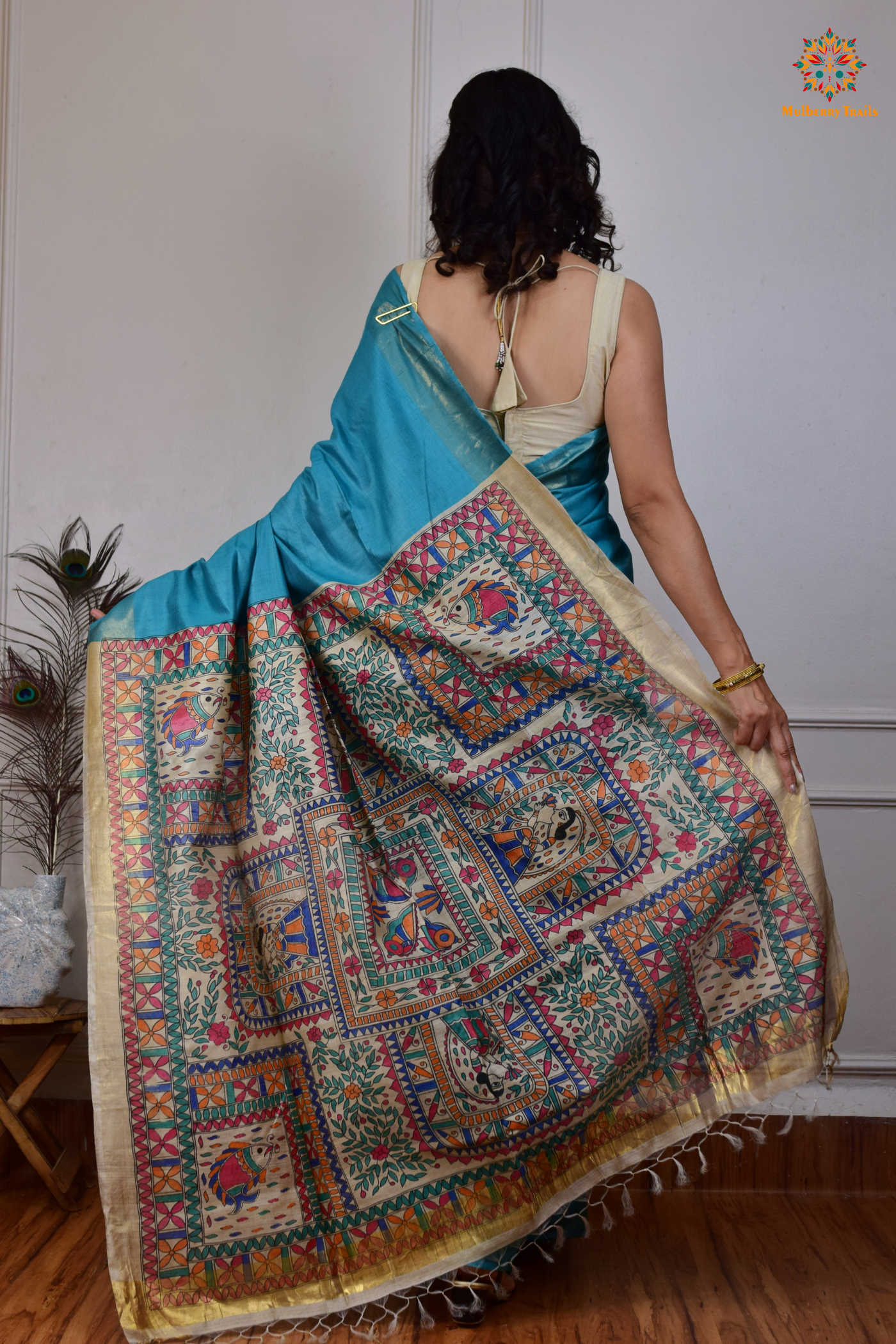 Pavani - Staple Tusser Handpainted Madhubani Saree- Blue