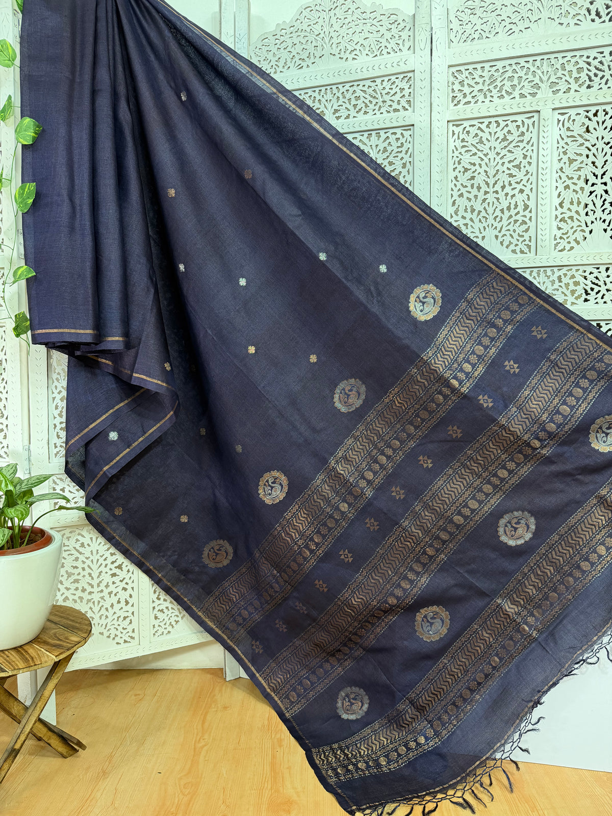 Meghana: Premiun Tusser silk Saree_Deep Blue Swan motif