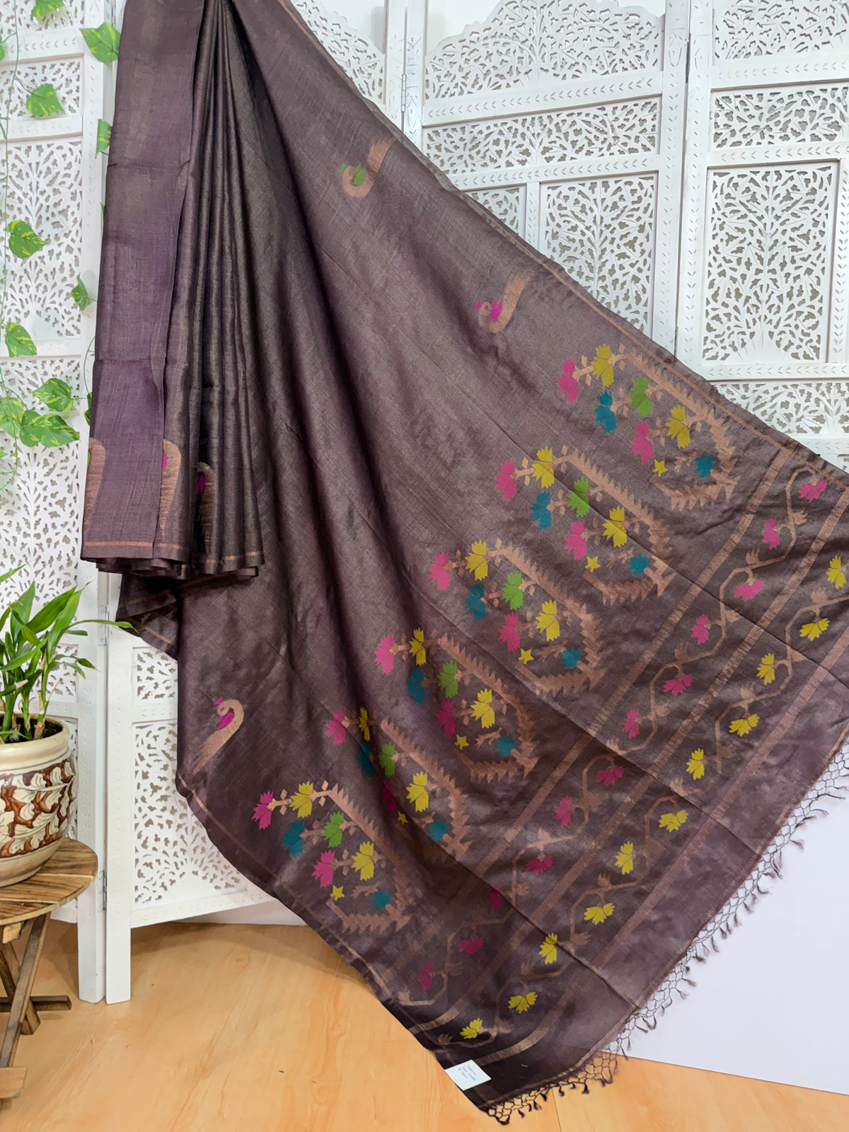 Meghana: Premiun Tusser silk Saree_brown shade Paithani inspired design