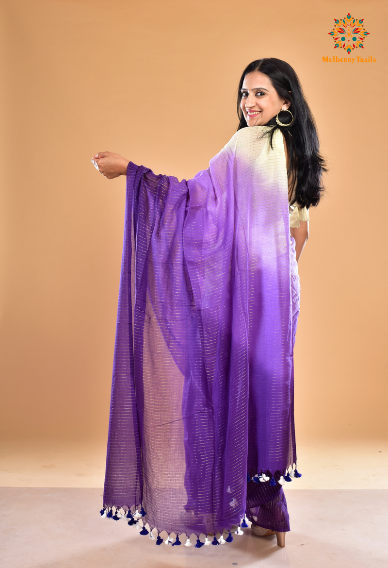 Yami: Mul Cotton zari Stripes Saree _ White Purple