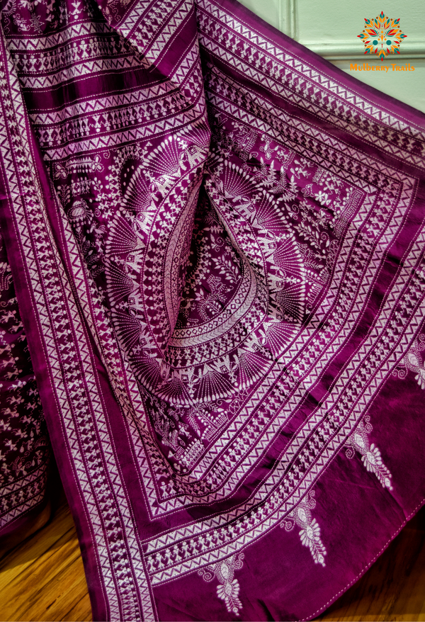 Rima - Purple Warli Bangalore Silk Kantha Embroidery Saree