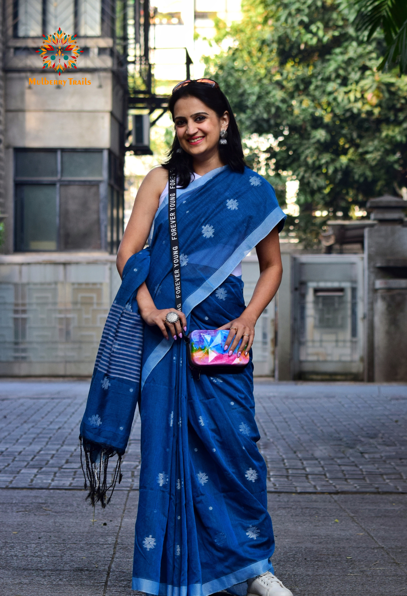 Aravi: Flowy Summer Cotton Saree Denim Blue