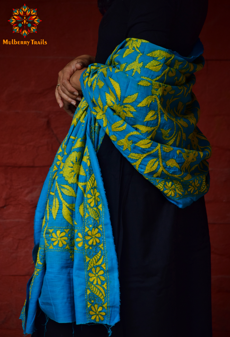 Hand Embroidered Kantha Dupatta - Blue
