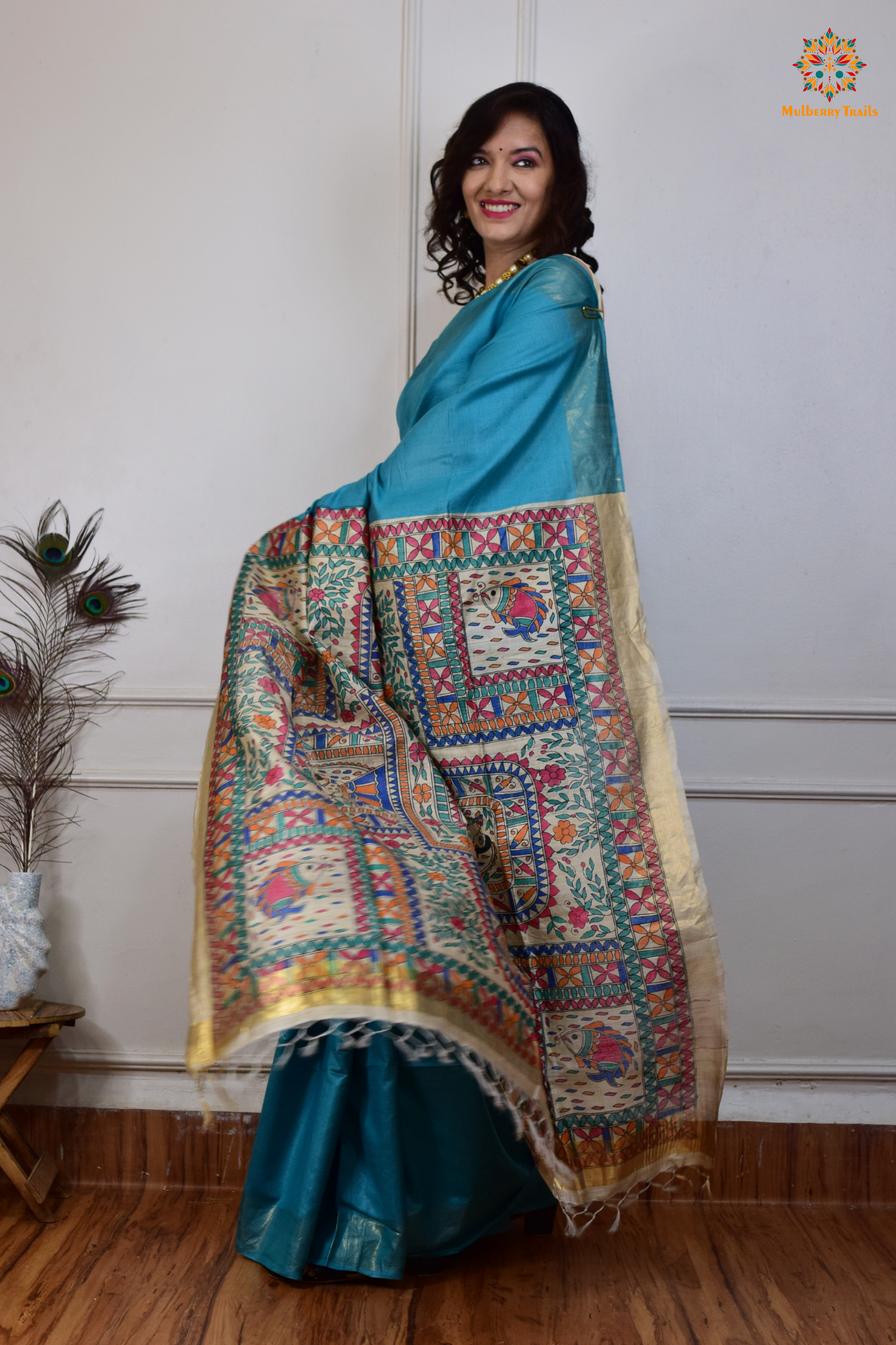 Pavani - Staple Tusser Handpainted Madhubani Saree- Blue