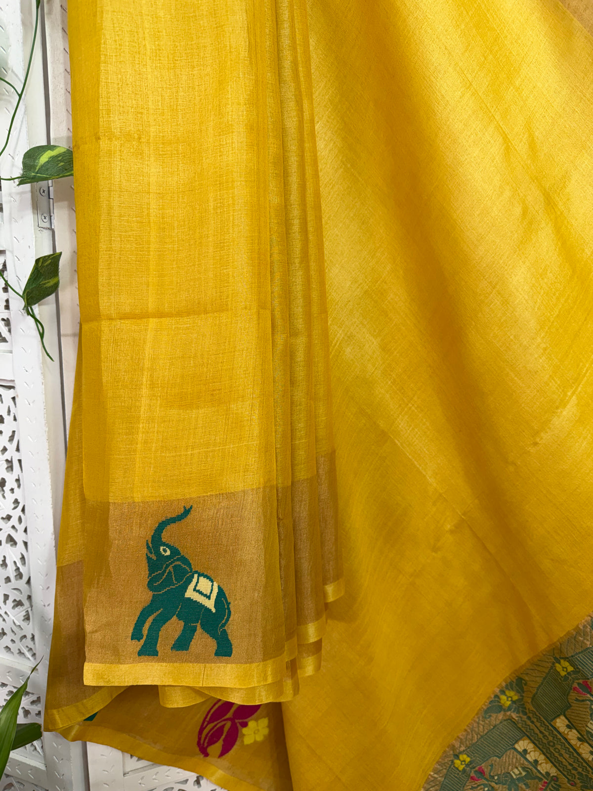 Meghana: Premiun Tusser silk Saree_yellow elephant motif