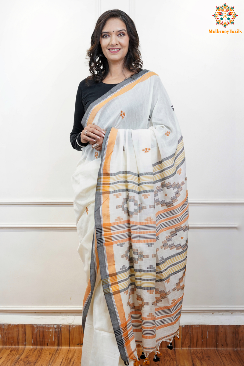 Cotton Handloom Saree
Pure Cotton Saree with for office wear. 
Model is wearing cotton saree for office, day outing, casual wear. 
Handloom saree, handloom mark, handwoven saree
Luxury Pure cotton Saree
Premium Sarees for office wear. sankranti, govt festivals, formal occassions, army events