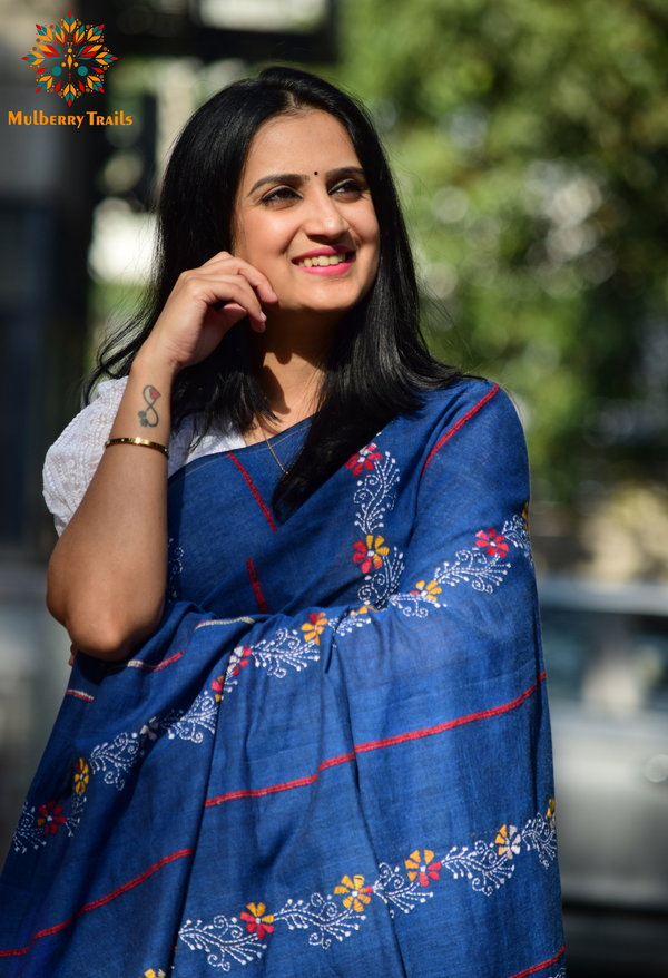 Vipas: Cotton Handloom Saree with Kantha Embroidery - Denim Blue