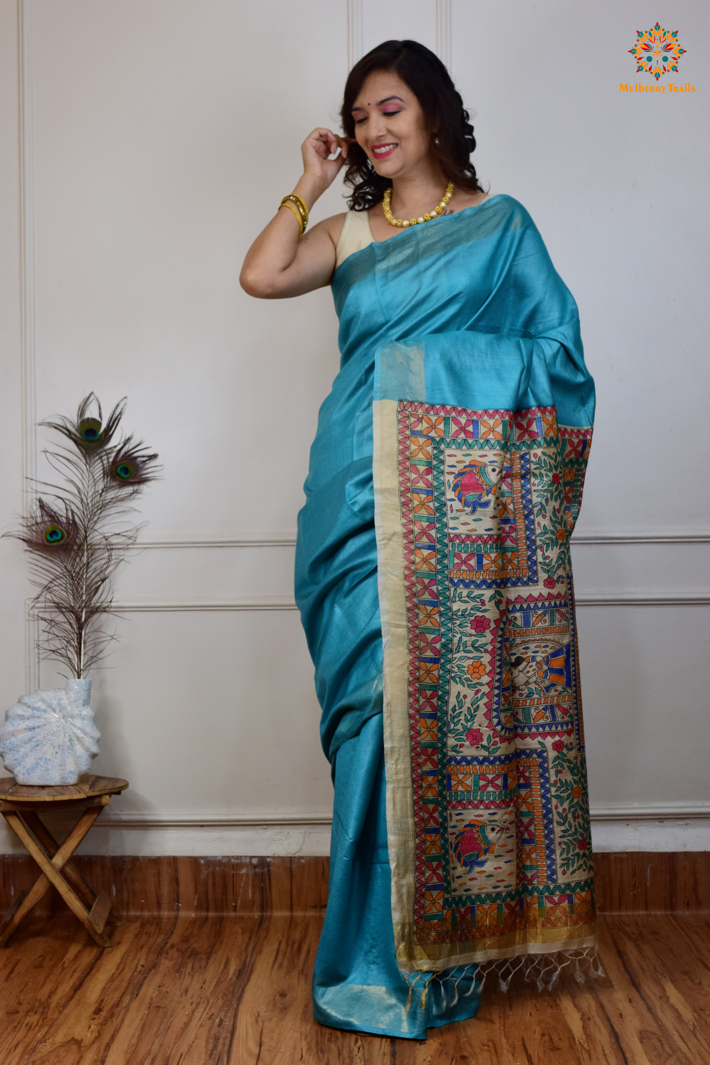 Pavani - Staple Tusser Handpainted Madhubani Saree- Blue