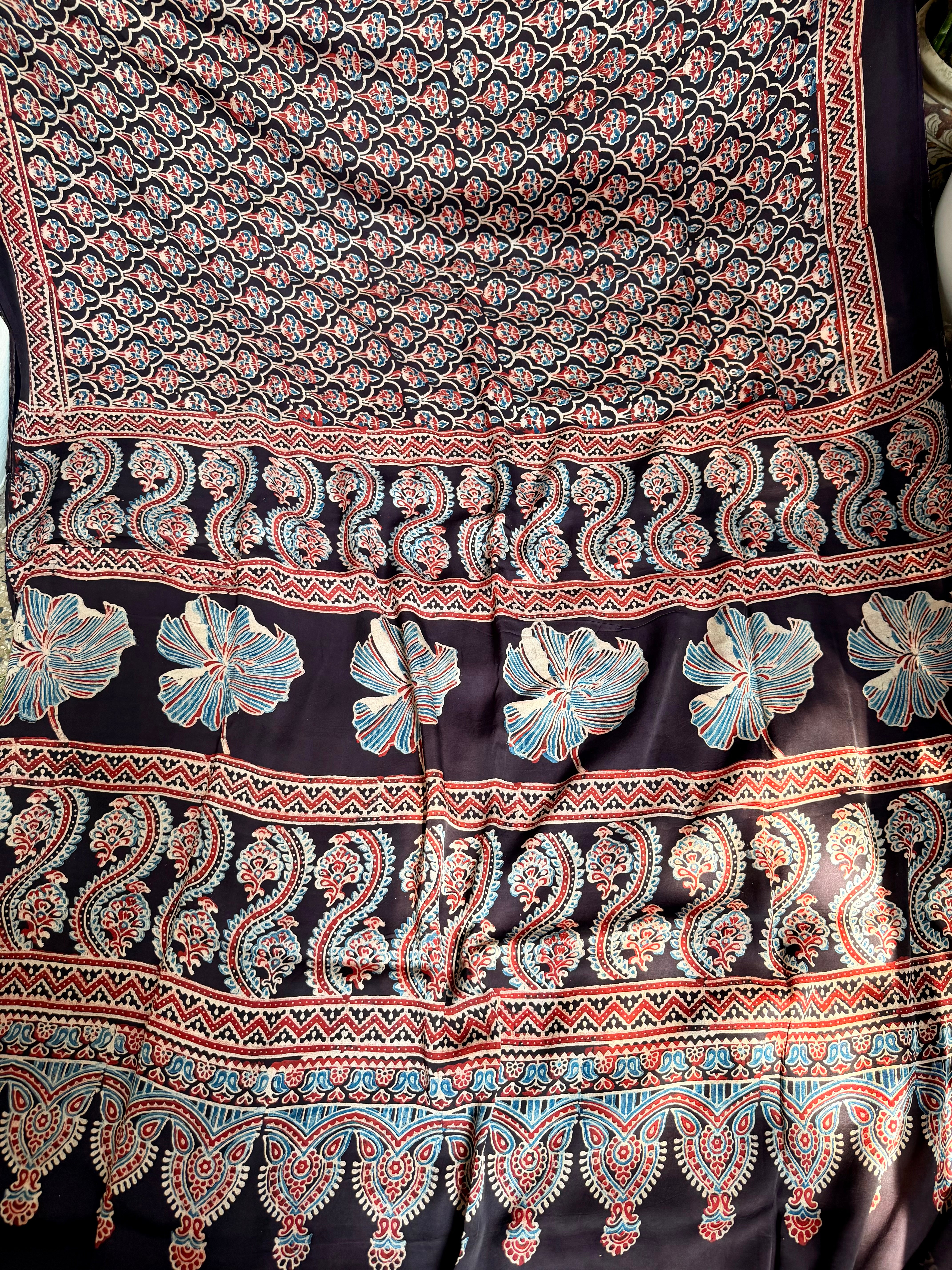 Modal silk sarees with block printing