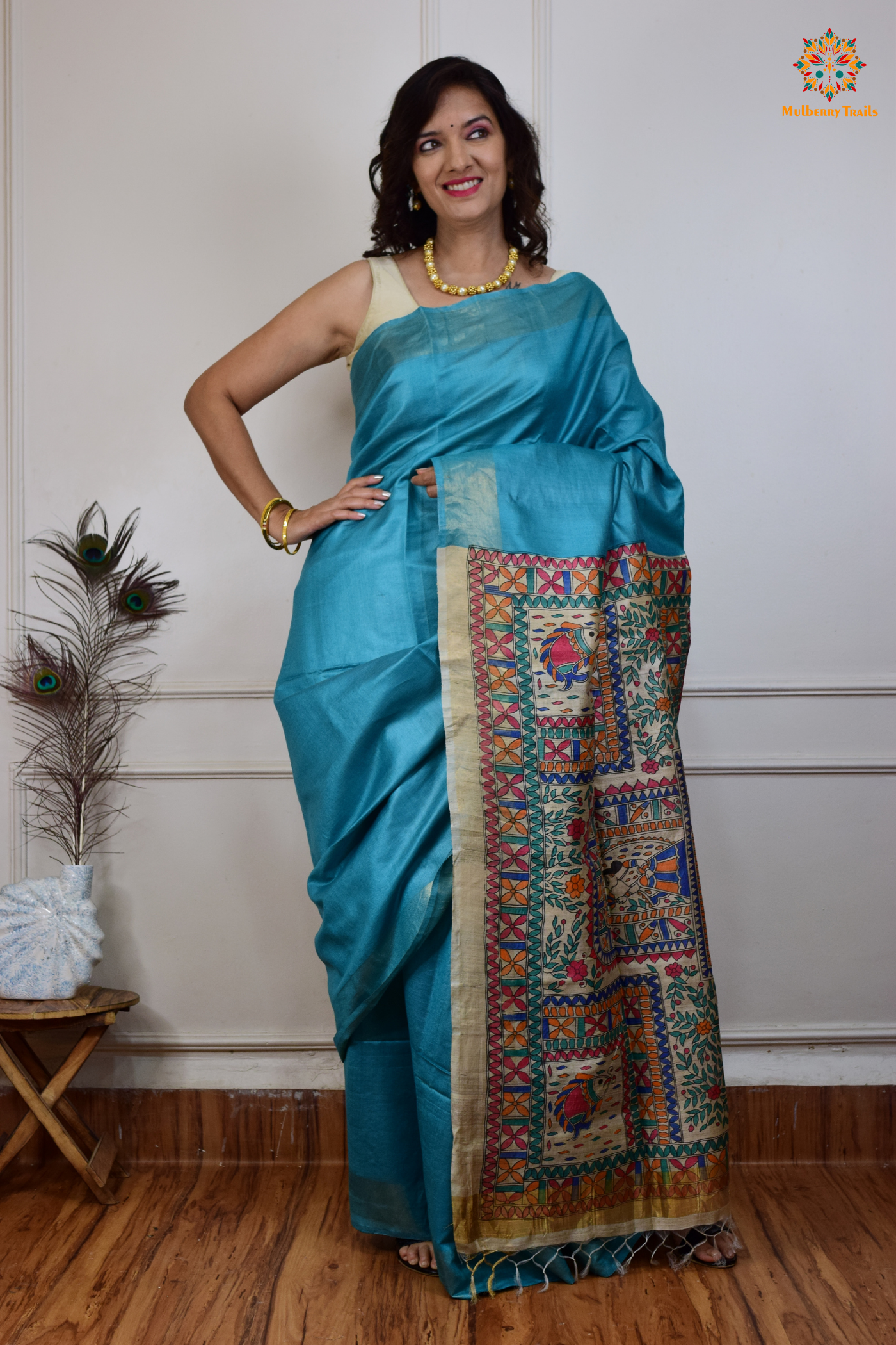 Pavani - Staple Tusser Handpainted Madhubani Saree- Blue