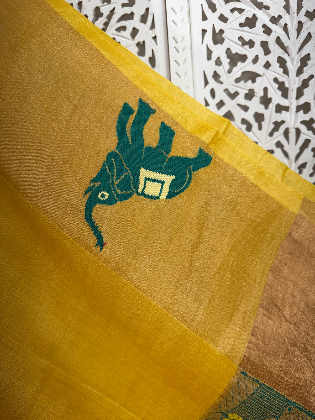 Meghana: Premiun Tusser silk Saree_yellow elephant motif