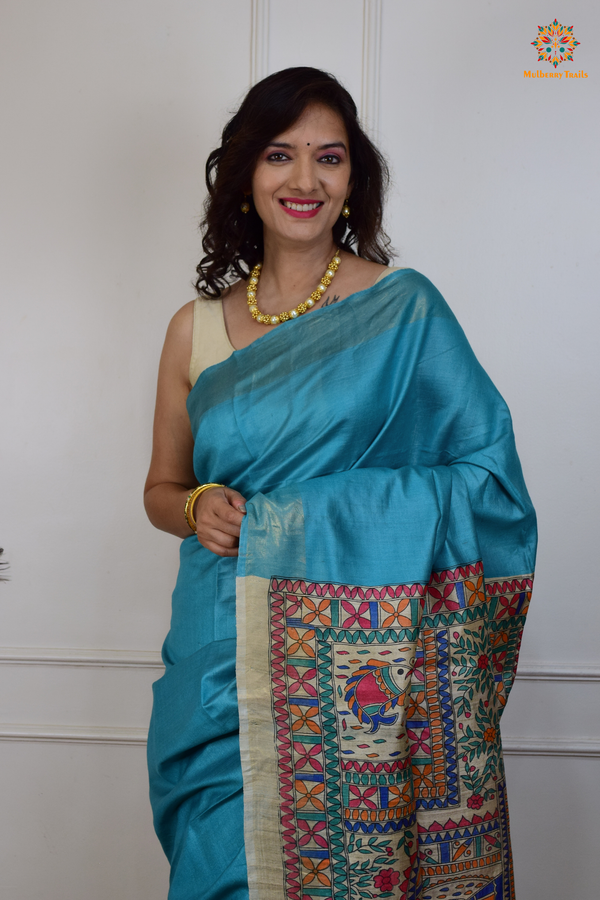 Pavani - Staple Tusser Handpainted Madhubani Saree- Blue