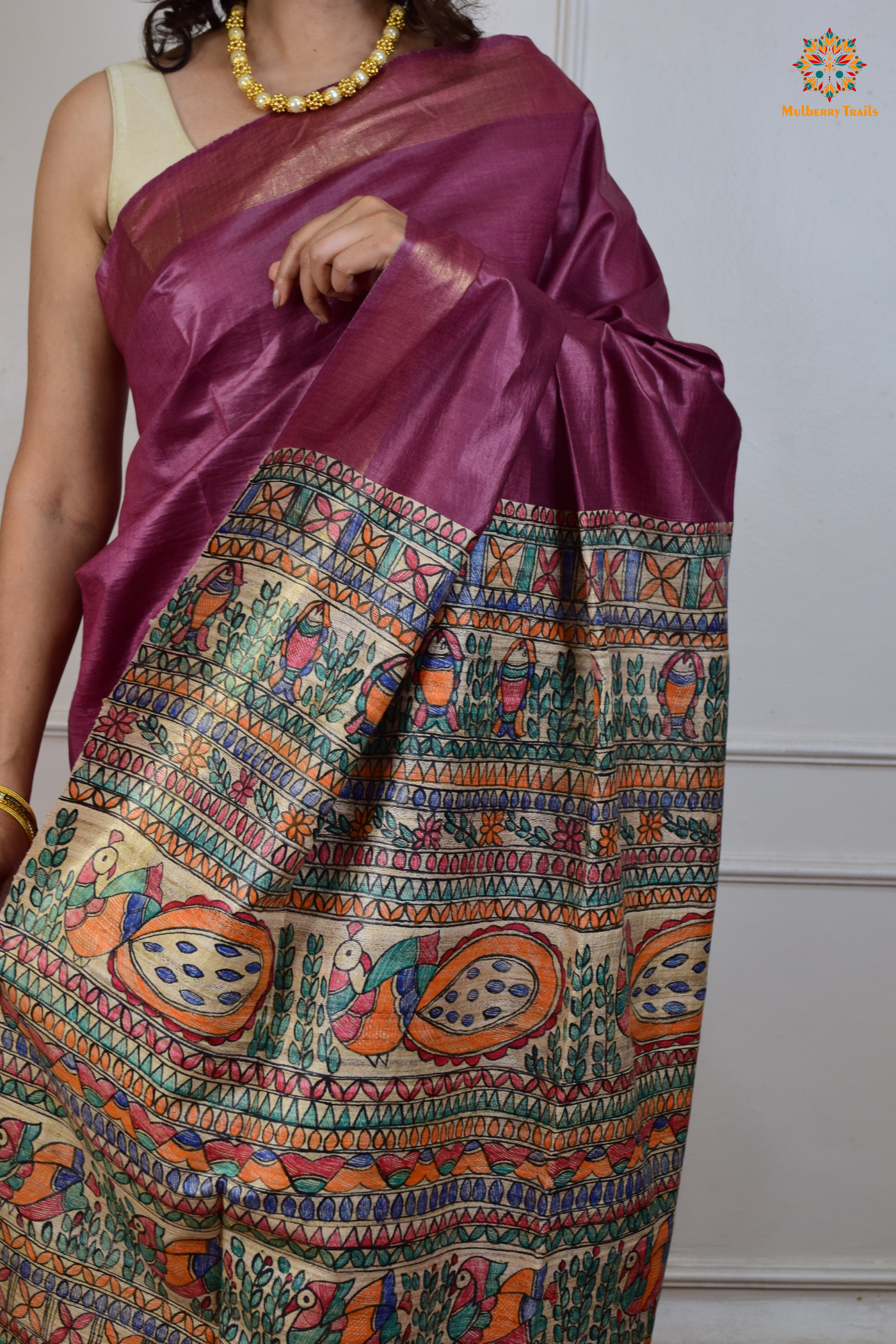 Pavani - Staple Tusser Handpainted Madhubani Saree- Mauve