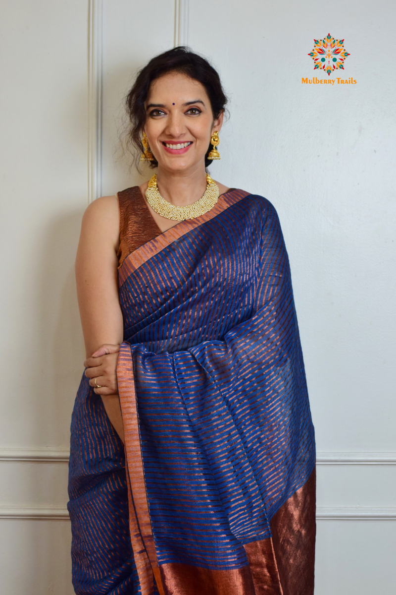 IRA: Premium Linen Sarees with Copper Zari - Blue