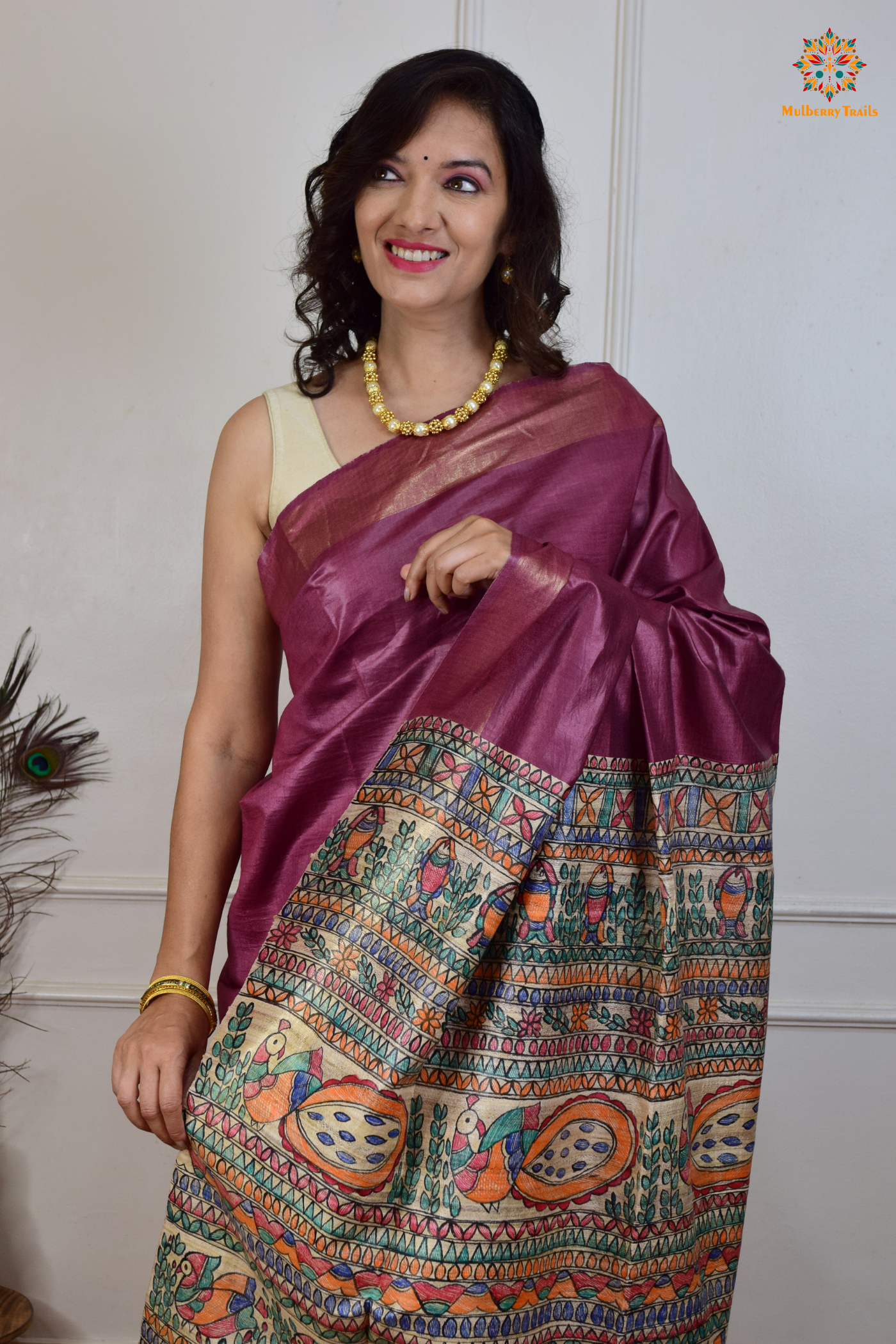 Pavani - Staple Tusser Handpainted Madhubani Saree- Mauve