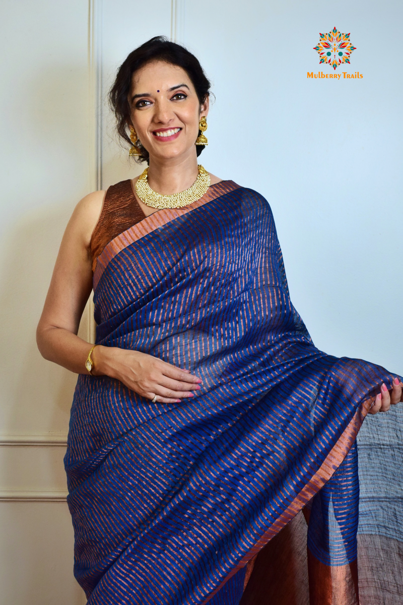 IRA: Premium Linen Sarees with Copper Zari - Blue