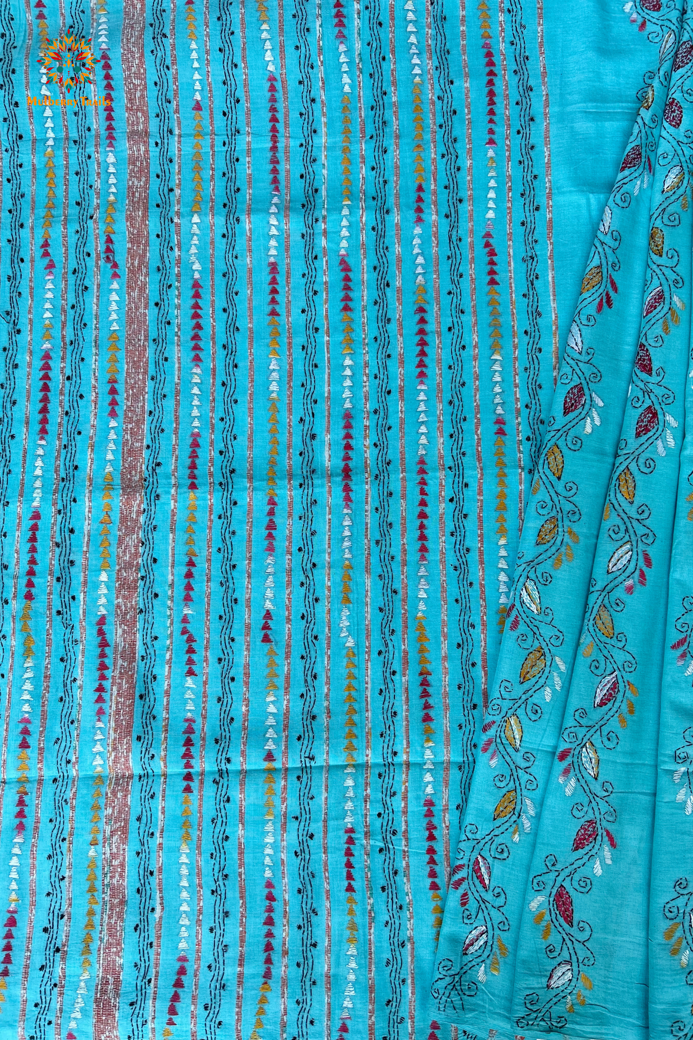 Vipas: Cotton Handloom Saree with Kantha Embroidery - Blue